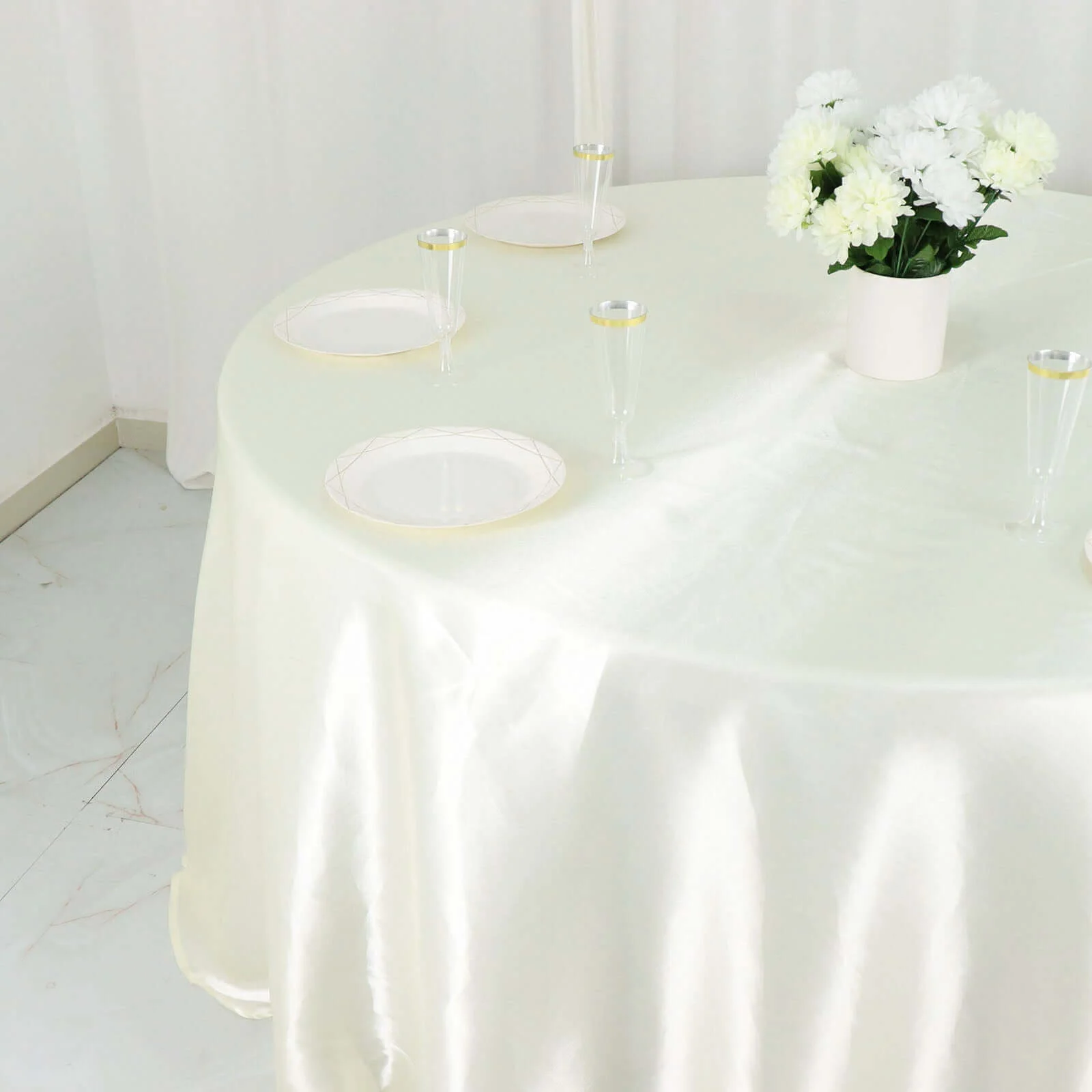 Satin Round Tablecloth 132" Ivory - Seamless Table Cover - Image 2