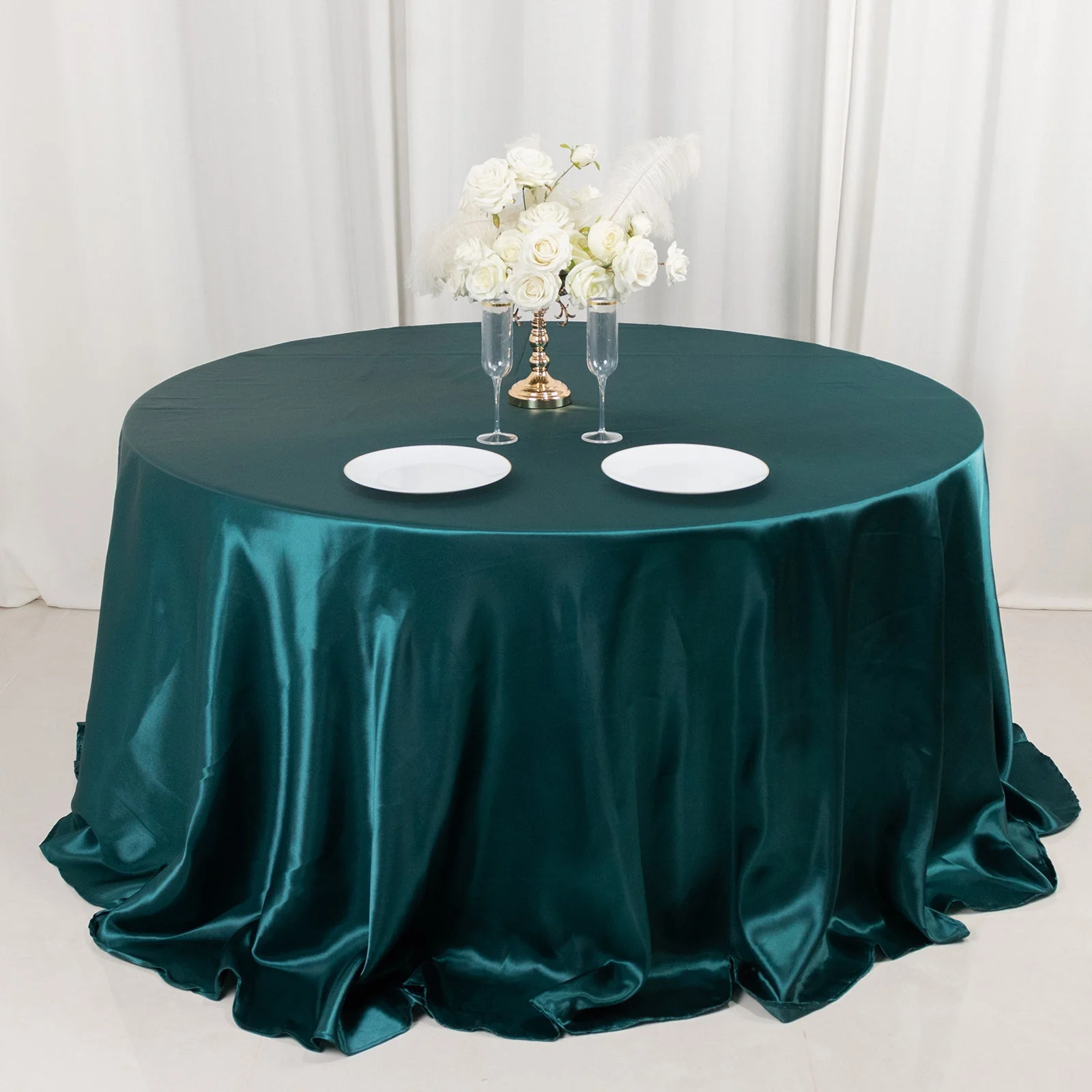 Satin Round Tablecloth 132" Peacock Teal - Seamless Table Cover - Image 10