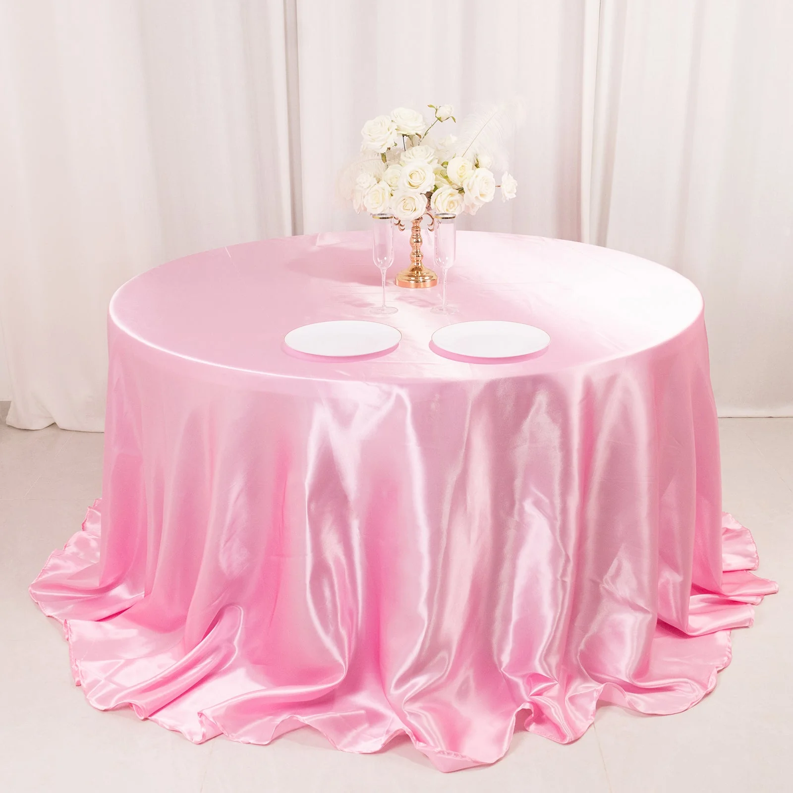 Satin Round Tablecloth 132" Pink - Seamless Table Cover - Image 9