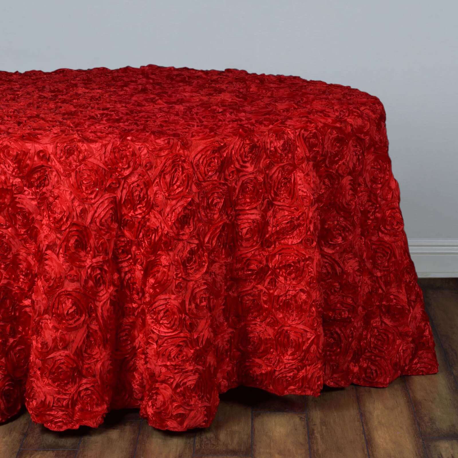 Satin Round Tablecloth 132" Red with Grandiose 3D Rosette Design - Seamless Table Cover - Image 6