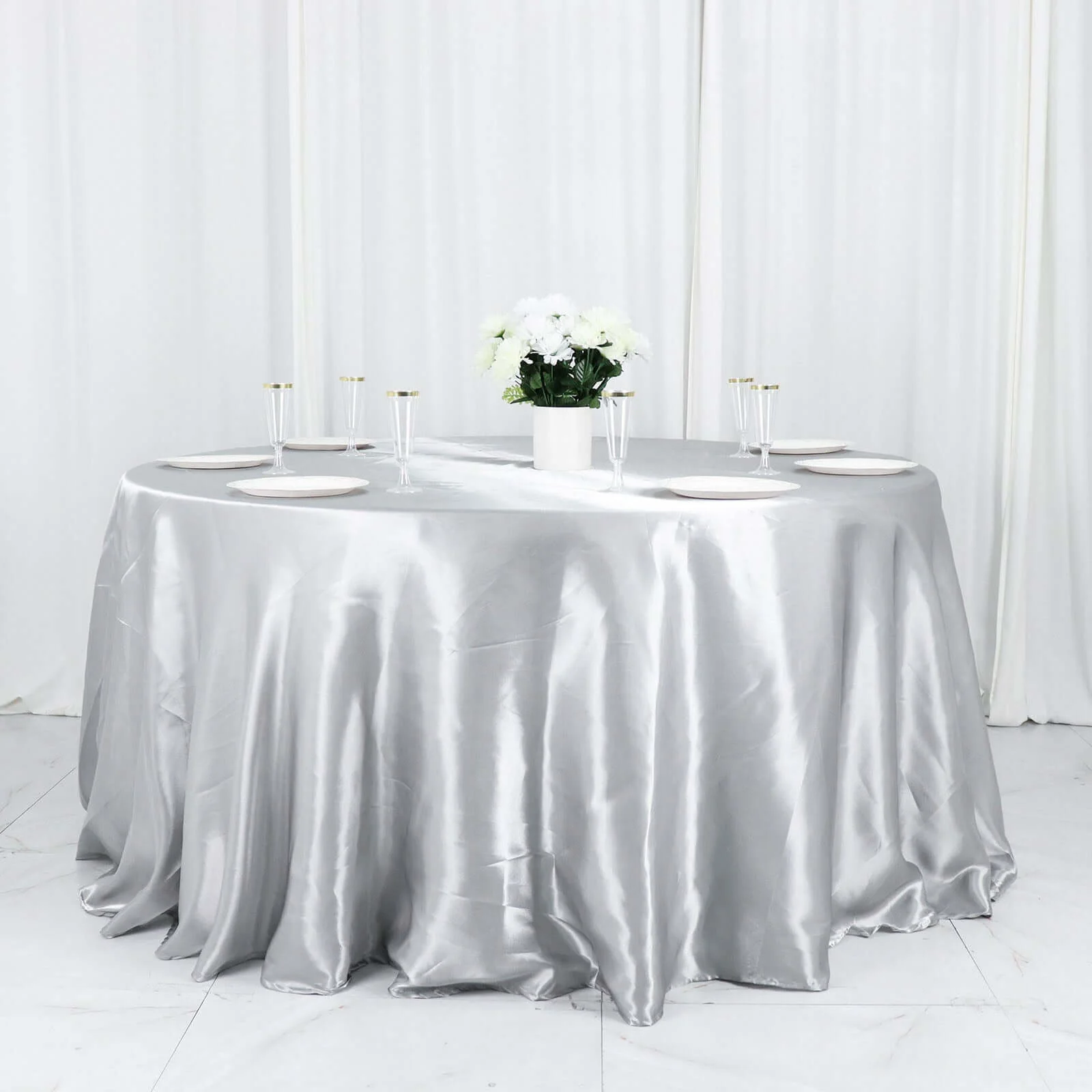 Satin Round Tablecloth 132" Silver - Seamless Table Cover - Image 3
