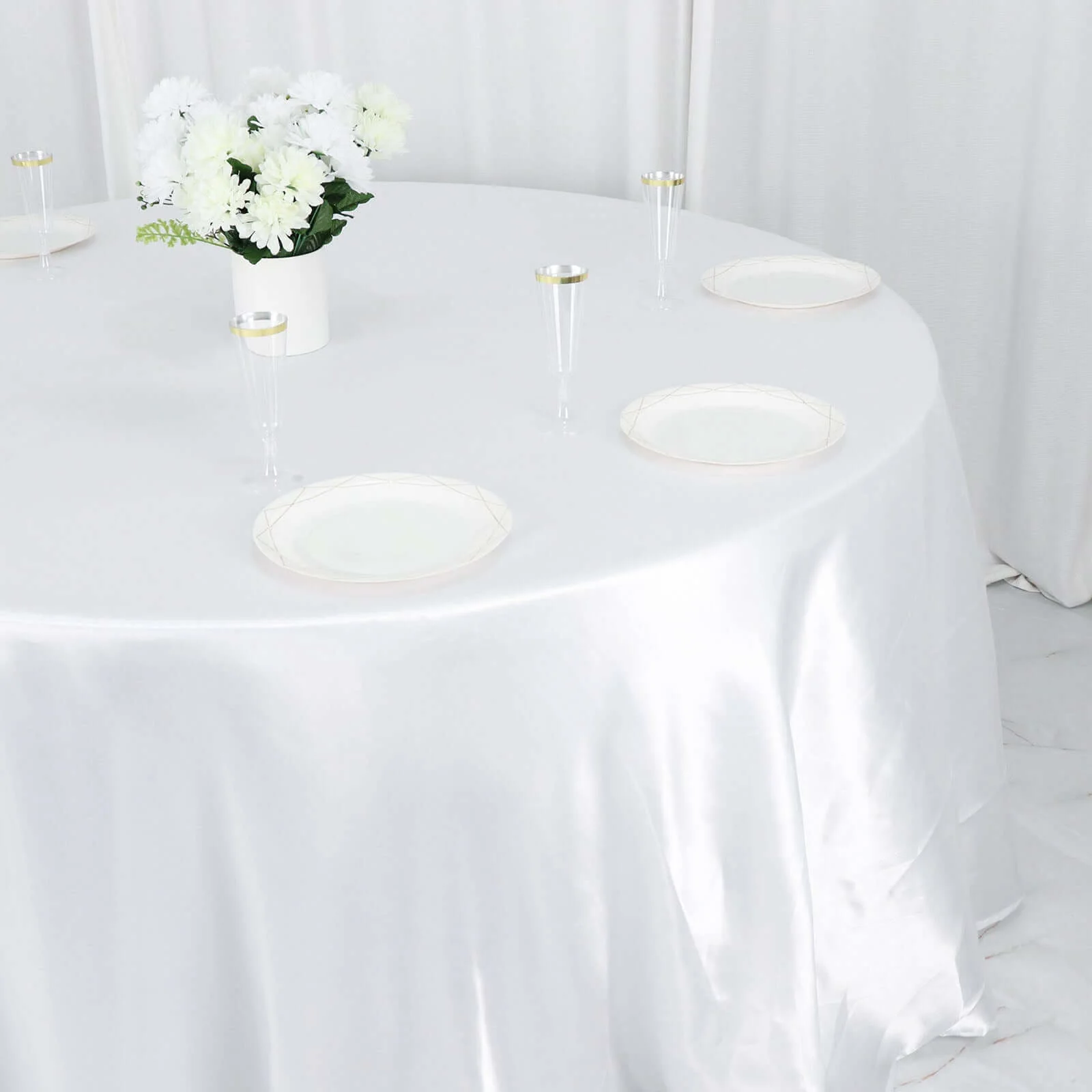 Satin Round Tablecloth 132" White - Classy Seamless Table Cover for Weddings & Events - Image 4