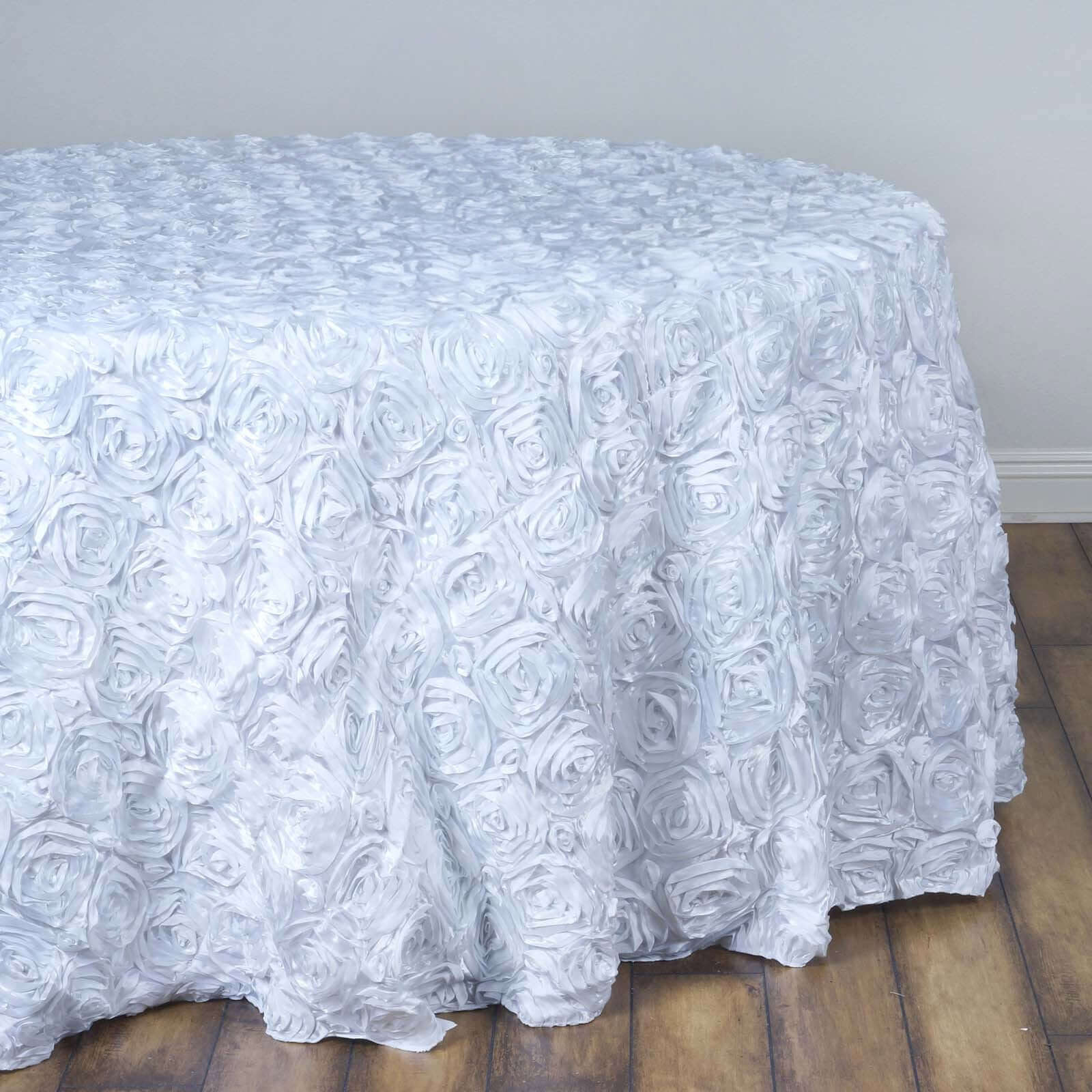 Satin Round Tablecloth 132" White with Grandiose 3D Rosette Design - Seamless Decor for Upscale Celebrations - Image 6