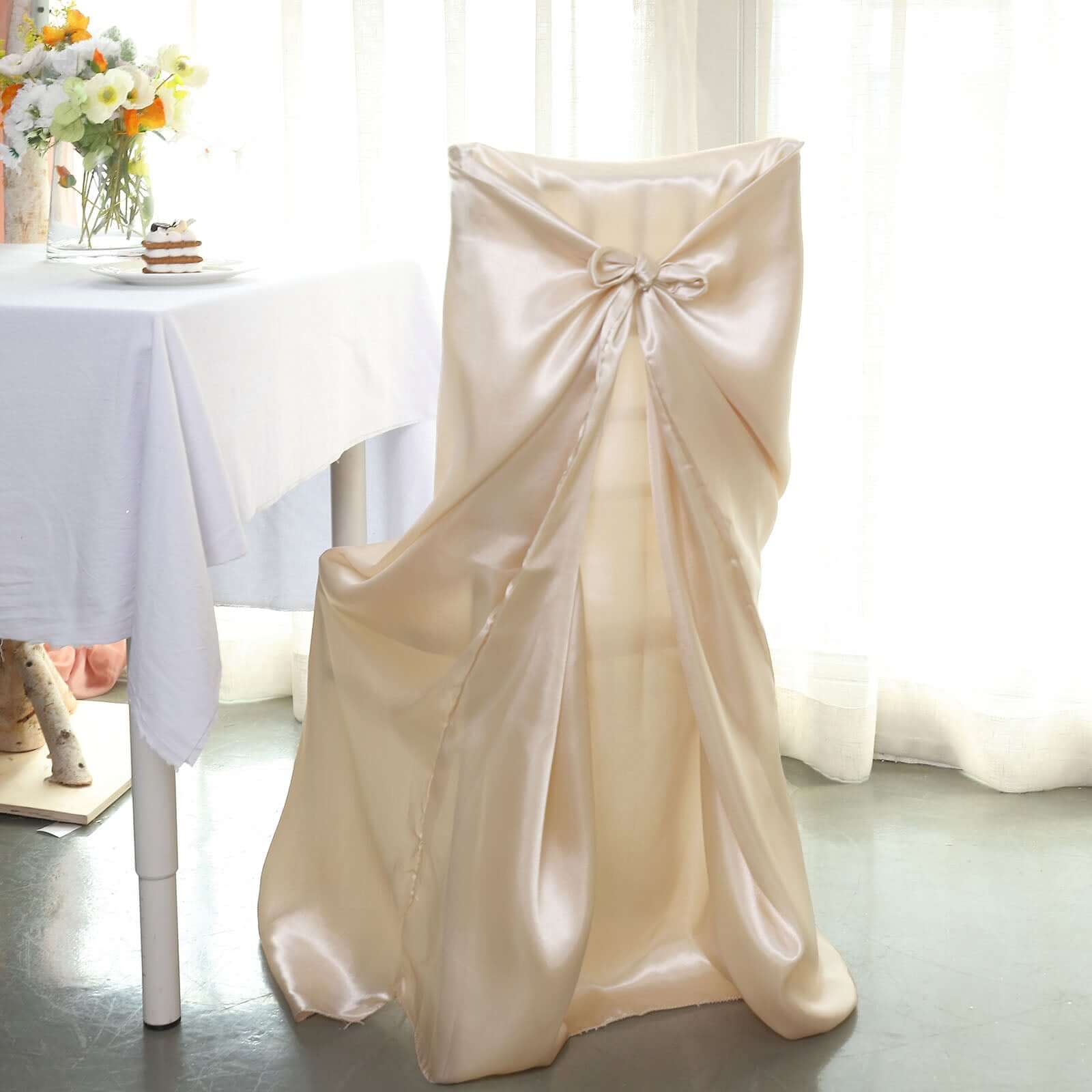 Satin Self-Tie Universal Chair Cover Beige - Reusable Slip-On Slipcover for Folding, Dining, Banquet & Standard Size Chairs - Image 2