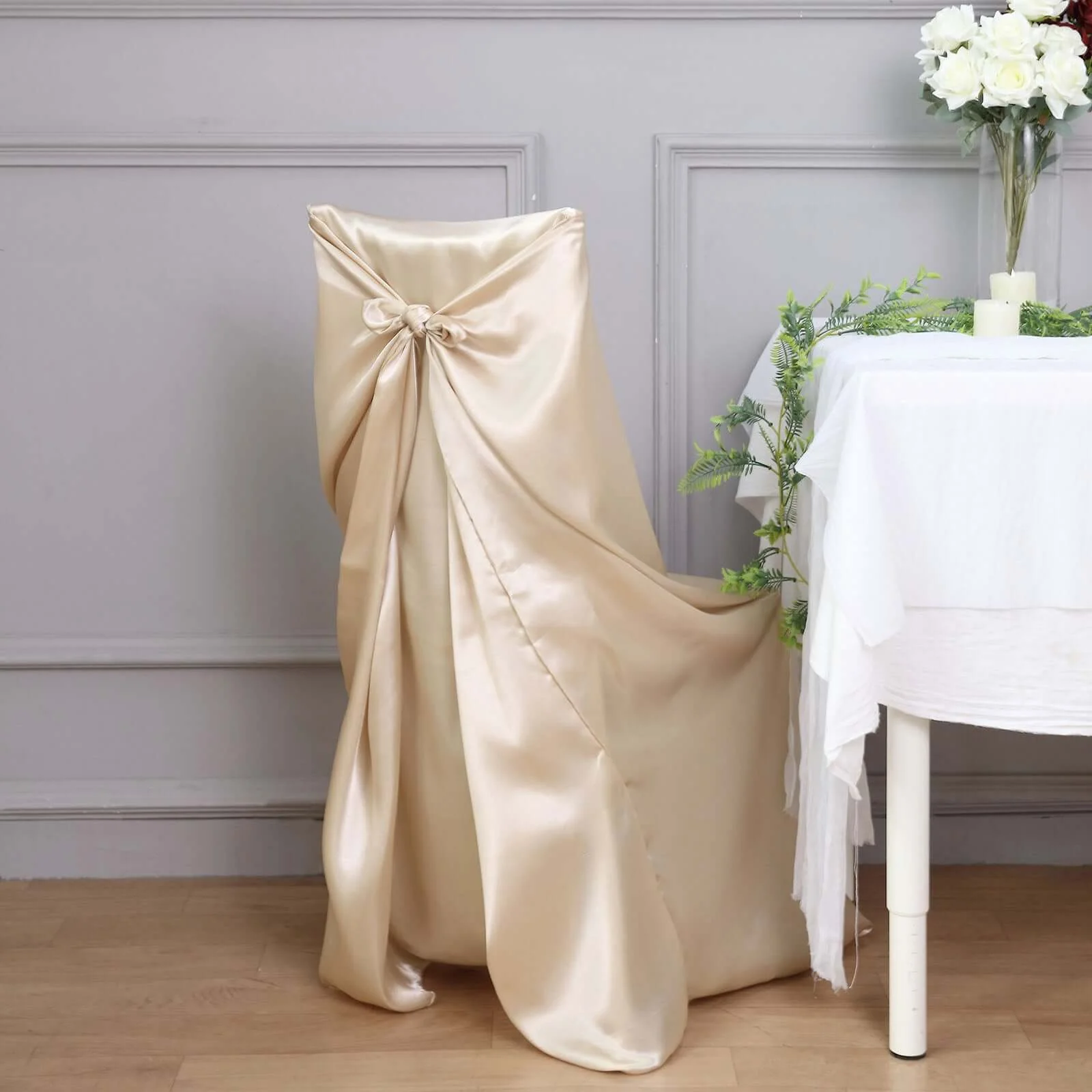 Satin Self-Tie Universal Chair Cover Beige - Reusable Slip-On Slipcover for Folding, Dining, Banquet & Standard Size Chairs - Image 5