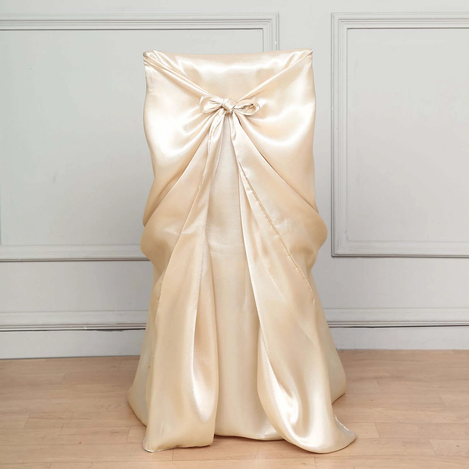 Satin Self-Tie Universal Chair Cover Beige - Reusable Slip-On Slipcover for Folding, Dining, Banquet & Standard Size Chairs - Image 7
