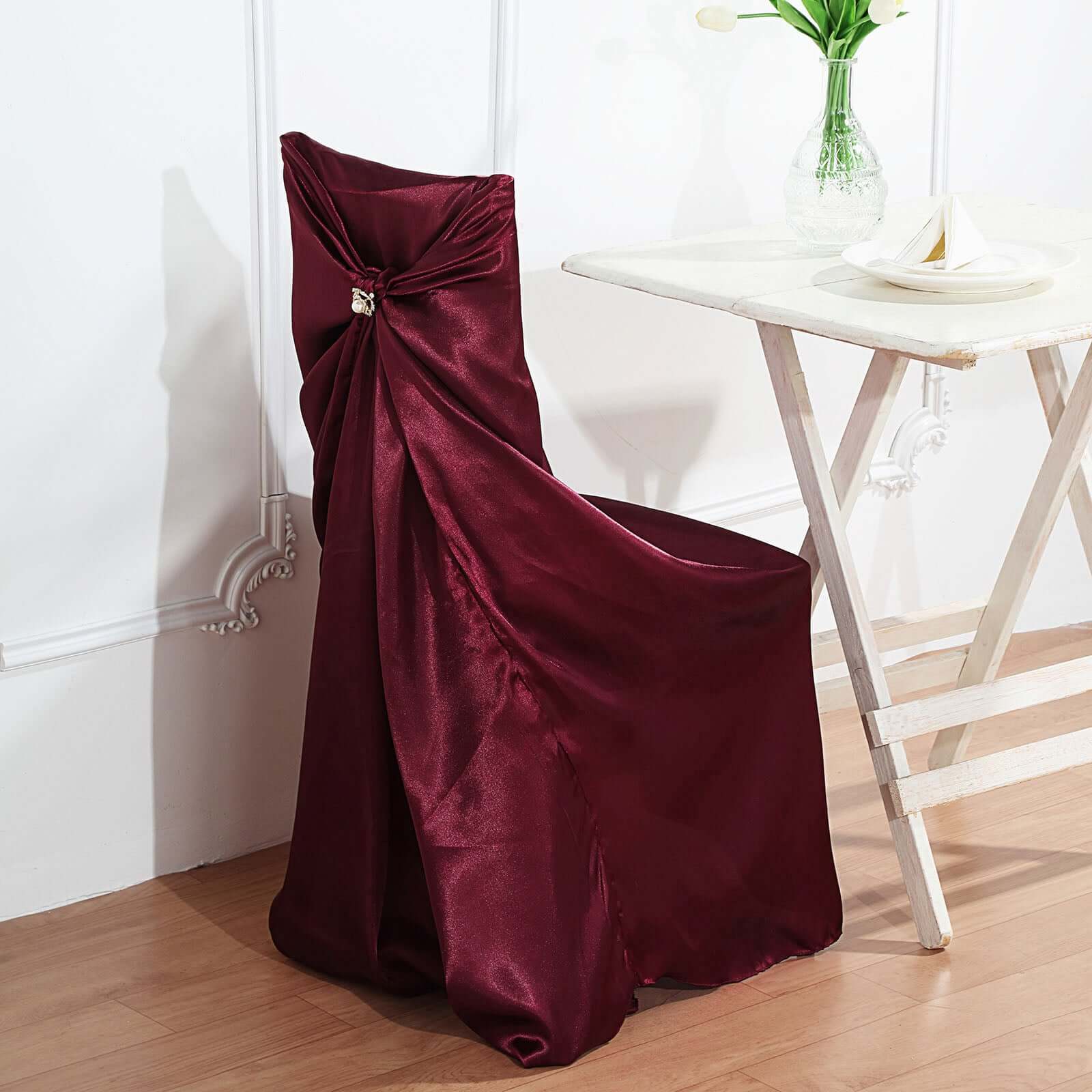Satin Self-Tie Universal Chair Cover Burgundy - Reusable Slip-On Slipcover for Folding, Dining, Banquet & Standard Size Chairs - Image 5
