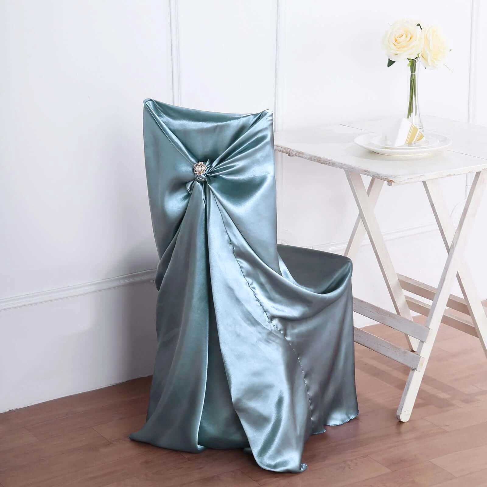 Satin Self-Tie Universal Chair Cover Dusty Blue - Reusable Slip-On Slipcover for Folding, Dining, Banquet & Standard Size Chairs - Image 2