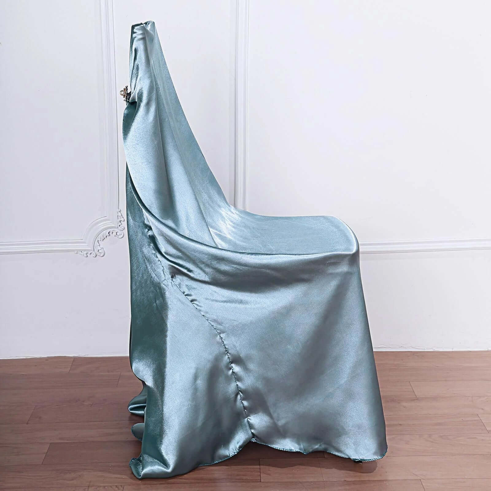 Satin Self-Tie Universal Chair Cover Dusty Blue - Reusable Slip-On Slipcover for Folding, Dining, Banquet & Standard Size Chairs - Image 5