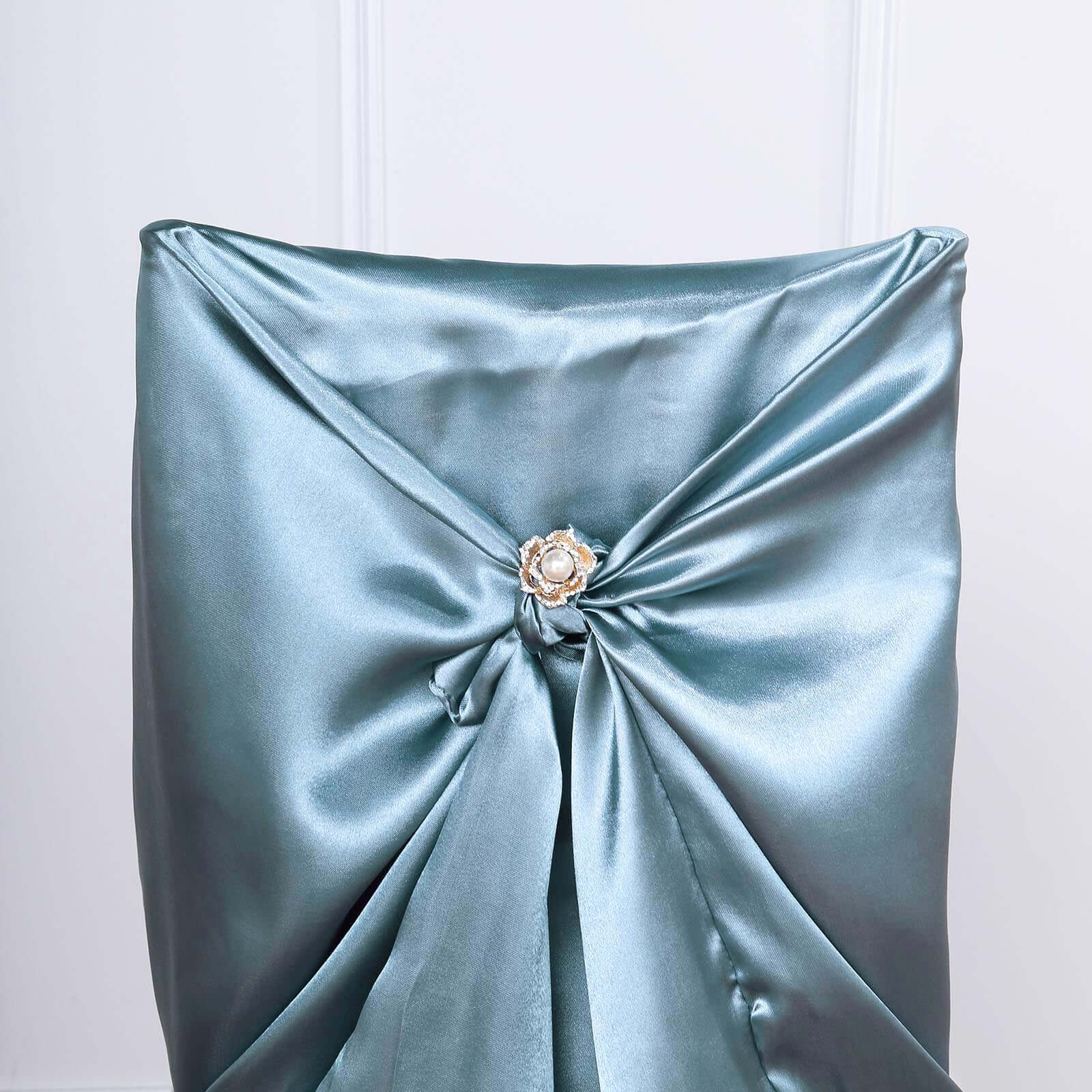 Satin Self-Tie Universal Chair Cover Dusty Blue - Reusable Slip-On Slipcover for Folding, Dining, Banquet & Standard Size Chairs - Image 7