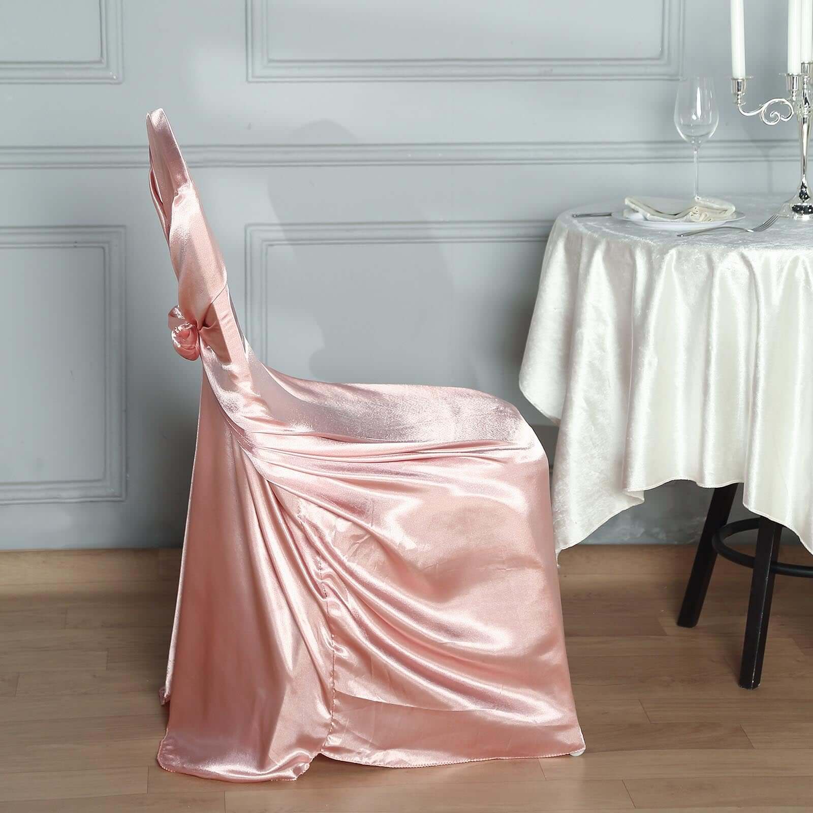 Satin Self-Tie Universal Chair Cover Dusty Rose - Reusable Slip-On Slipcover for Folding, Dining, Banquet & Standard Size Chairs - Image 2