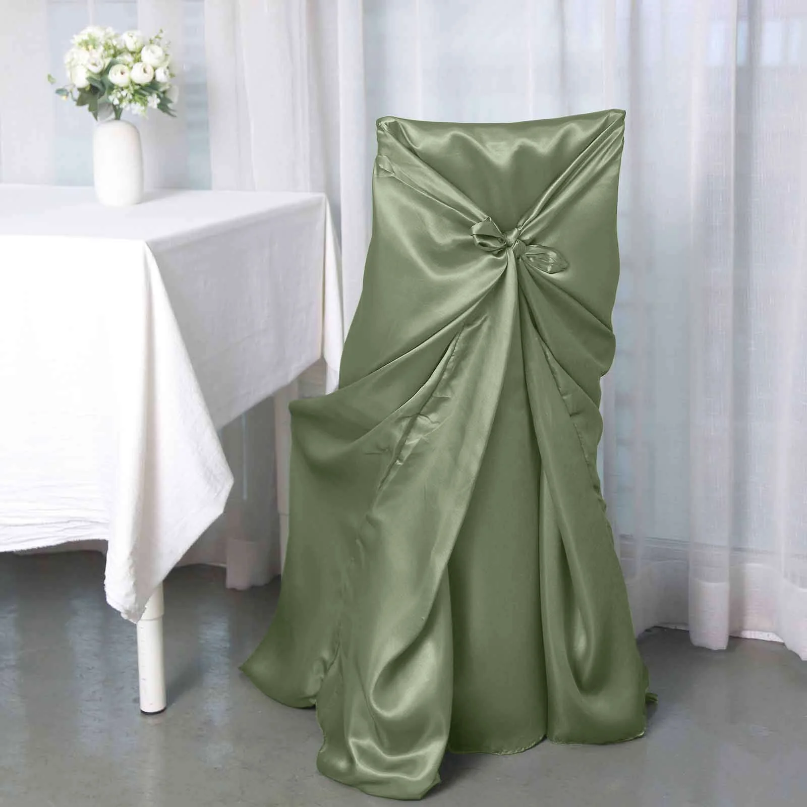 Satin Self-Tie Universal Chair Cover Dusty Sage Green - Reusable Slip-On Slipcover for Folding, Dining, Banquet & Standard Size Chairs - Image 2
