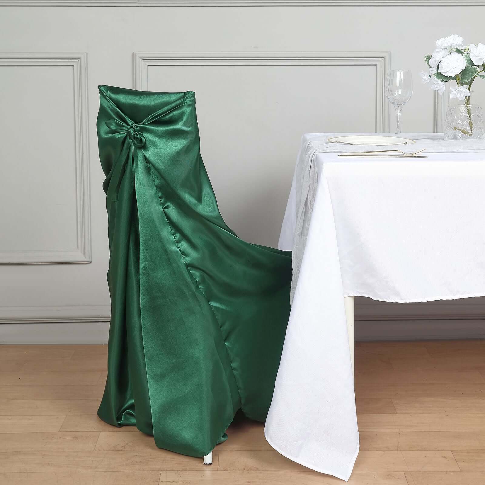 Satin Self-Tie Universal Chair Cover Hunter Emerald Green - Reusable Slip-On Slipcover for Folding, Dining, Banquet & Standard Size Chairs - Image 2