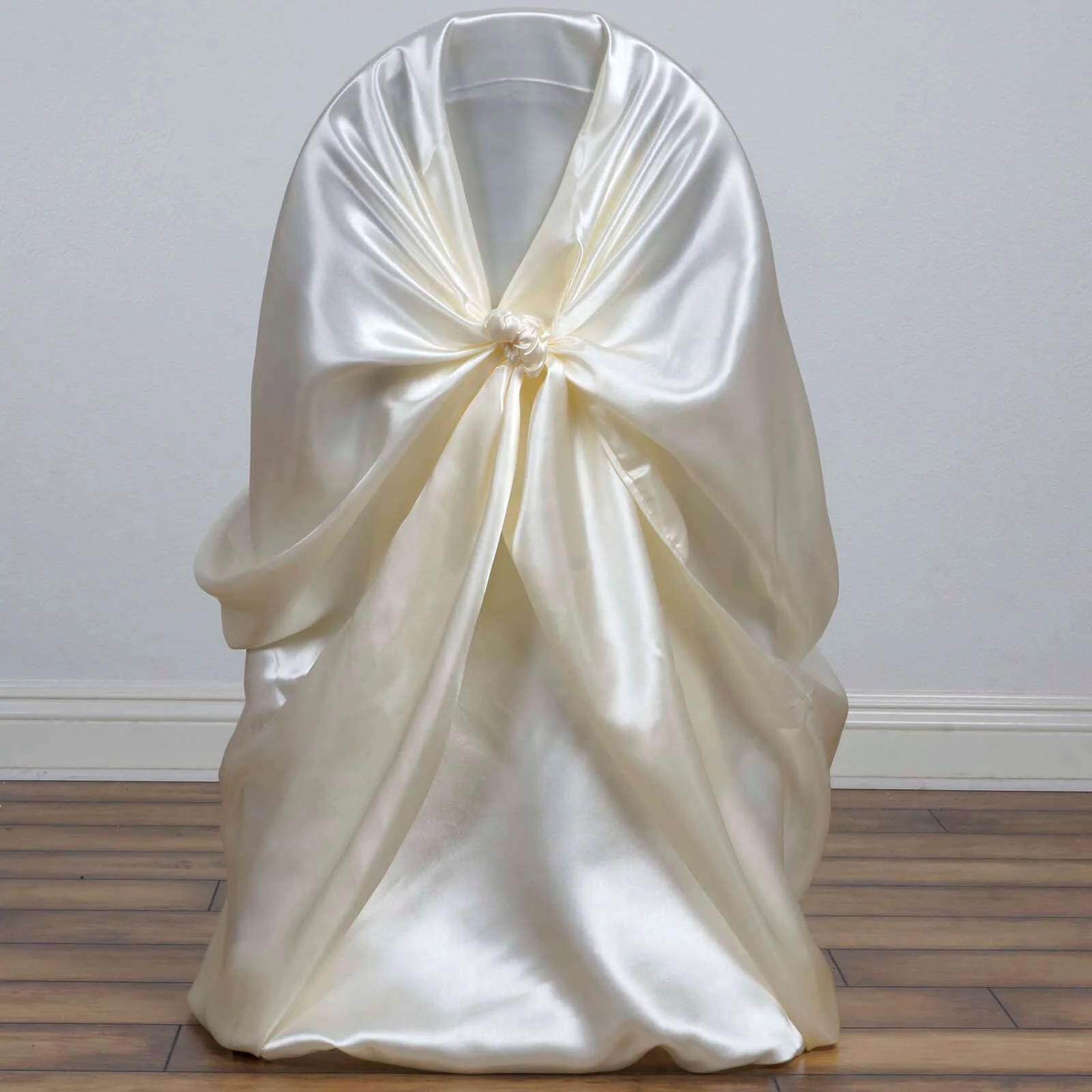Satin Self-Tie Universal Chair Cover Ivory - Reusable Slip-On Slipcover for Folding, Dining, Banquet & Standard Size Chairs - Image 5