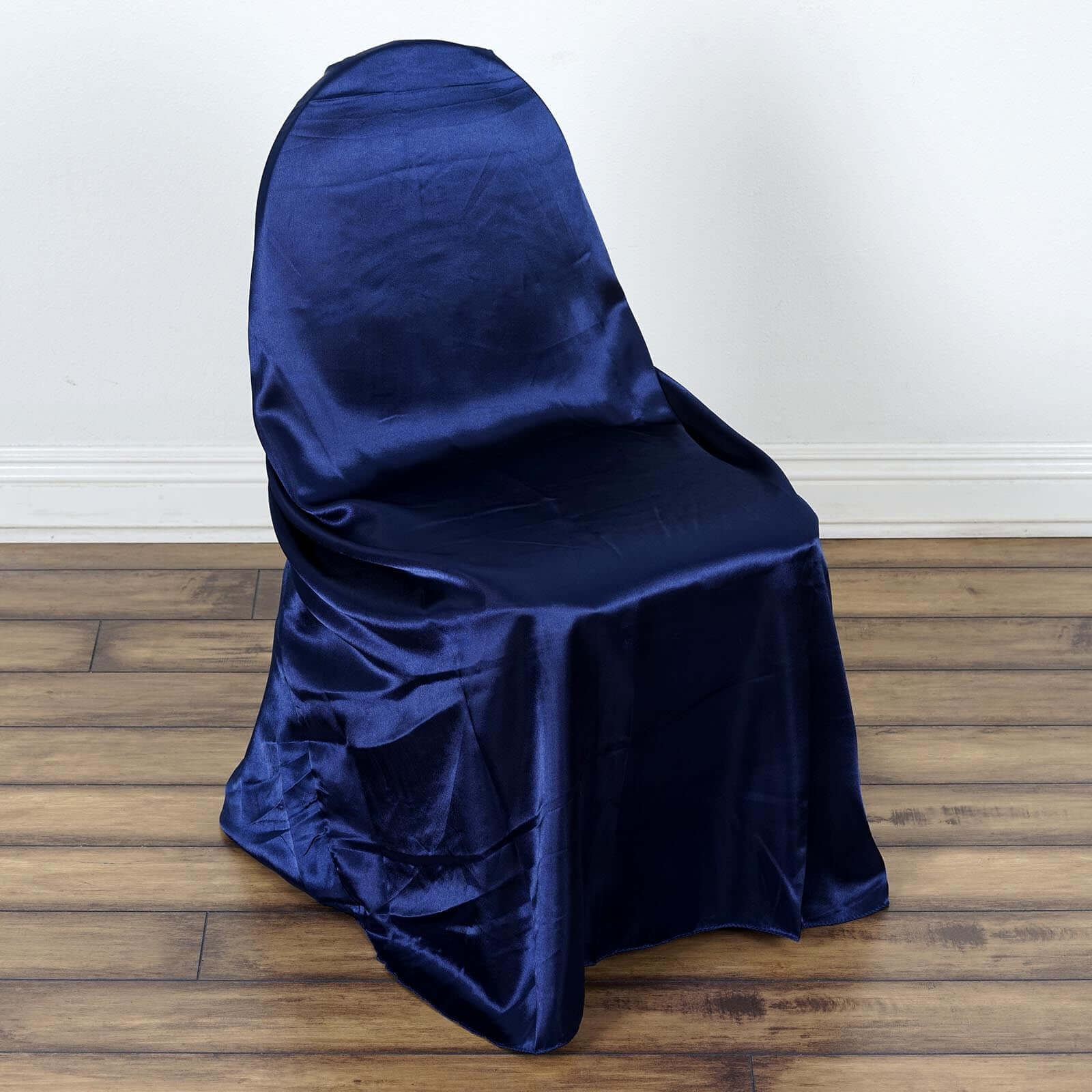 Satin Self-Tie Universal Chair Cover Navy Blue - Reusable Slip-On Slipcover for Folding, Dining, Banquet & Standard Size Chairs - Image 2
