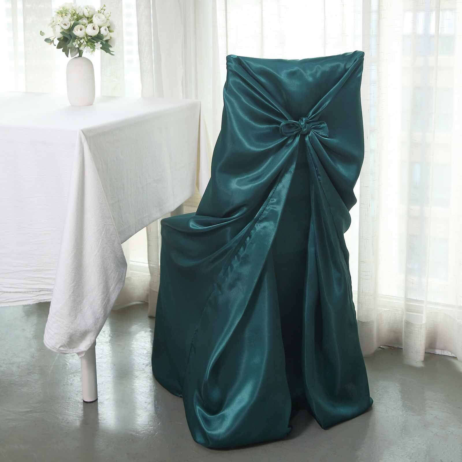 Satin Self-Tie Universal Chair Cover Peacock Teal - Reusable Slip-On Slipcover for Folding, Dining, Banquet & Standard Size Chairs - Image 2