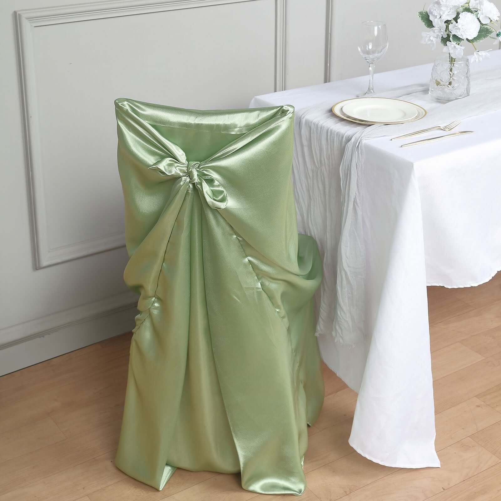 Satin Self-Tie Universal Chair Cover Sage Green - Reusable Slip-On Slipcover for Folding, Dining, Banquet & Standard Size Chairs