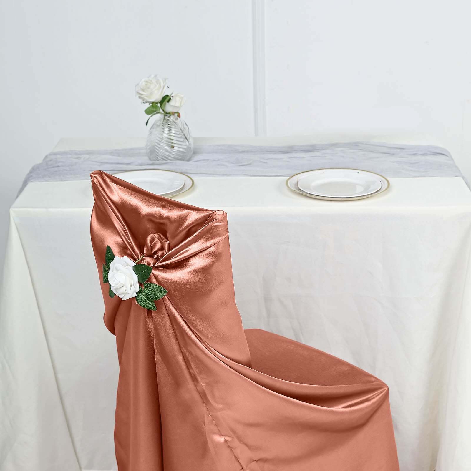 Satin Self-Tie Universal Chair Cover Terracotta (Rust) - Reusable Slip-On Slipcover for Folding, Dining, Banquet & Standard Size Chairs - Image 2