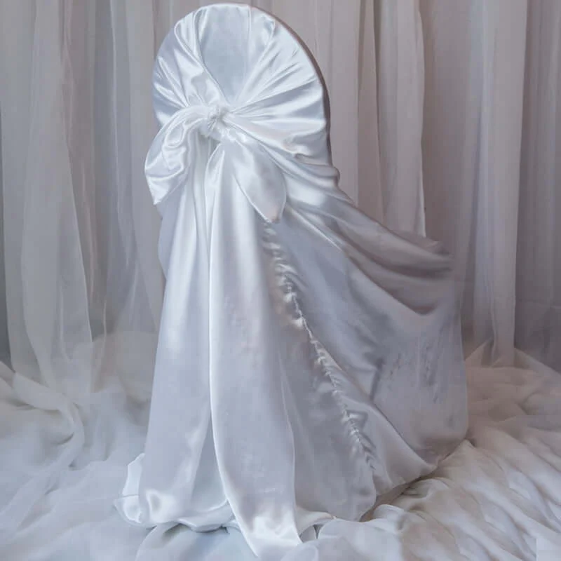 Satin Self-Tie Universal Chair Cover White - Reusable Slip-On Slipcover for Folding, Dining, Banquet & Standard Size Chairs