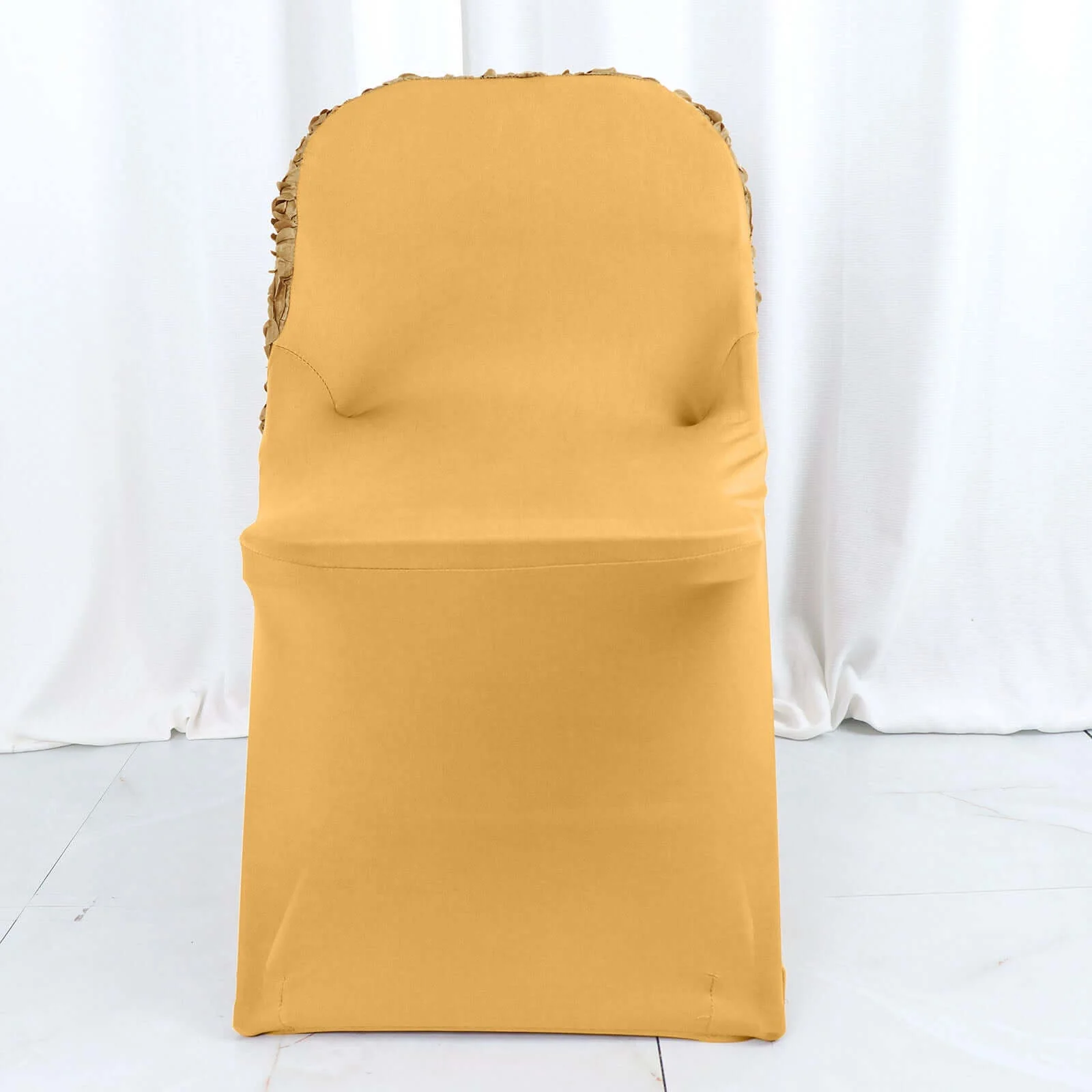 Satin Spandex Folding Chair Cover Gold Rosette Design - Wrinkle Resistant Stretch Fitted Slipcover - Image 3