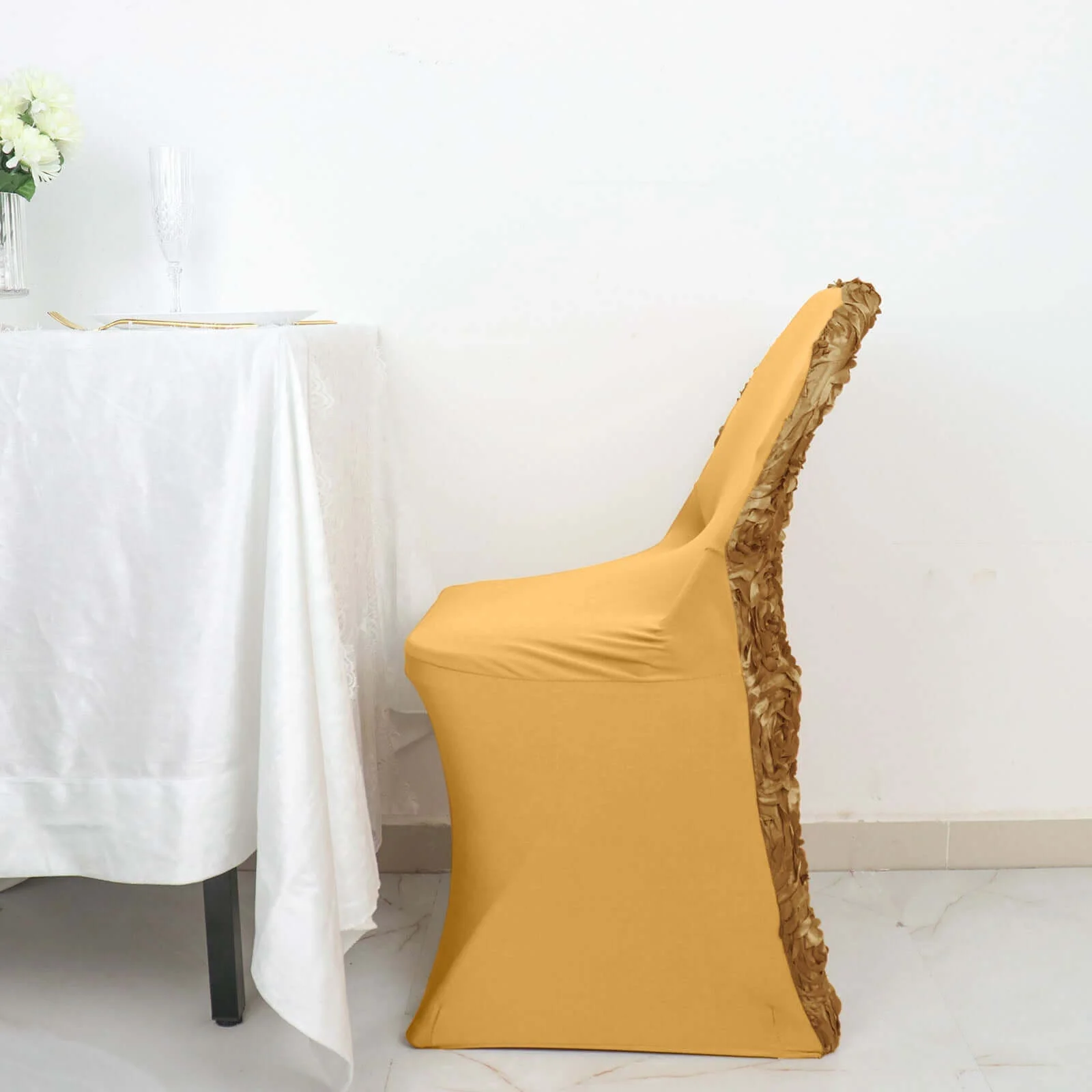 Satin Spandex Folding Chair Cover Gold Rosette Design - Wrinkle Resistant Stretch Fitted Slipcover - Image 7