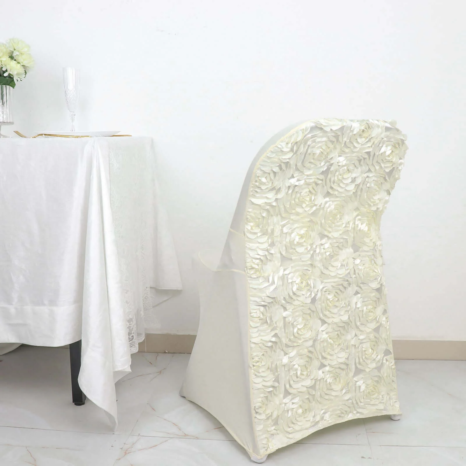 Satin Spandex Folding Chair Cover Ivory Rosette Design - Wrinkle Resistant Stretch Fitted Slipcover