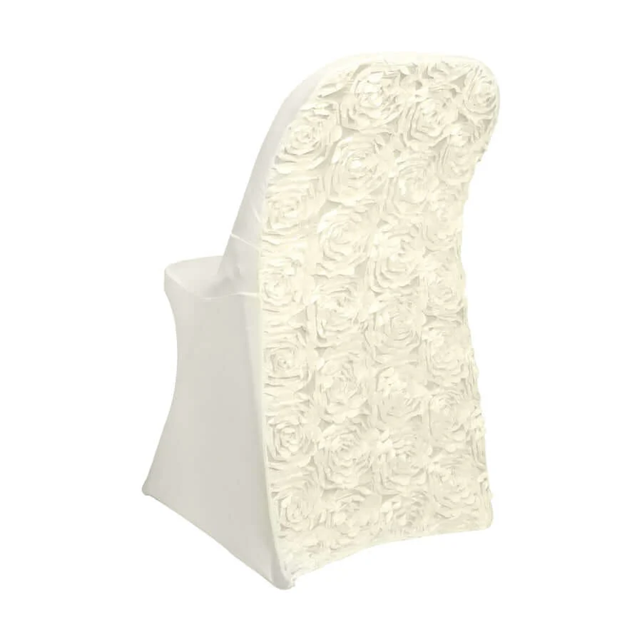 Satin Spandex Folding Chair Cover Ivory Rosette Design - Wrinkle Resistant Stretch Fitted Slipcover - Image 6