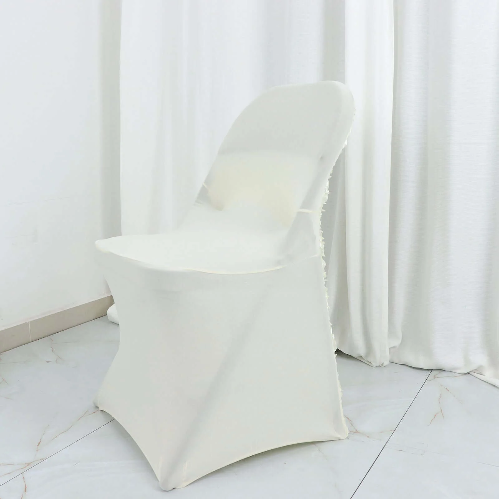 Satin Spandex Folding Chair Cover Ivory Rosette Design - Wrinkle Resistant Stretch Fitted Slipcover - Image 7