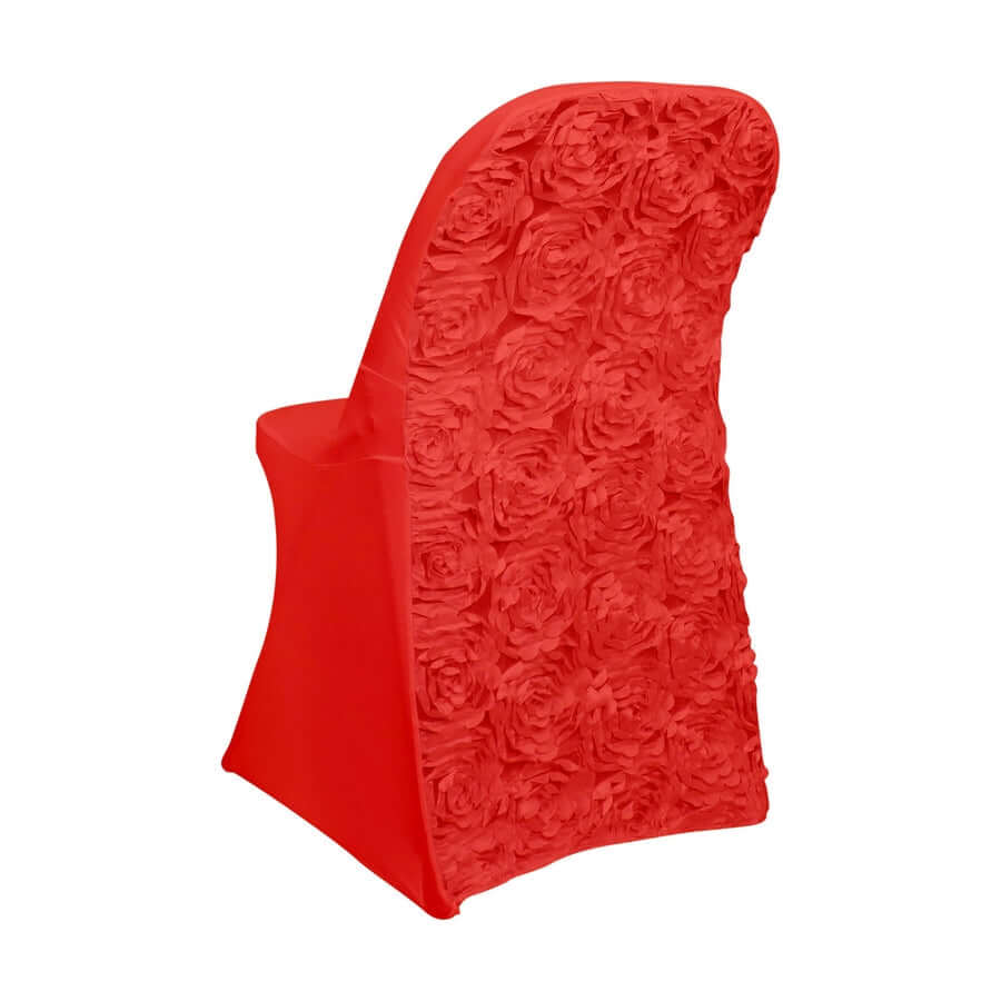 Satin Spandex Folding Chair Cover Red Rosette Design - Wrinkle Resistant Stretch Fitted Slipcover - Image 6