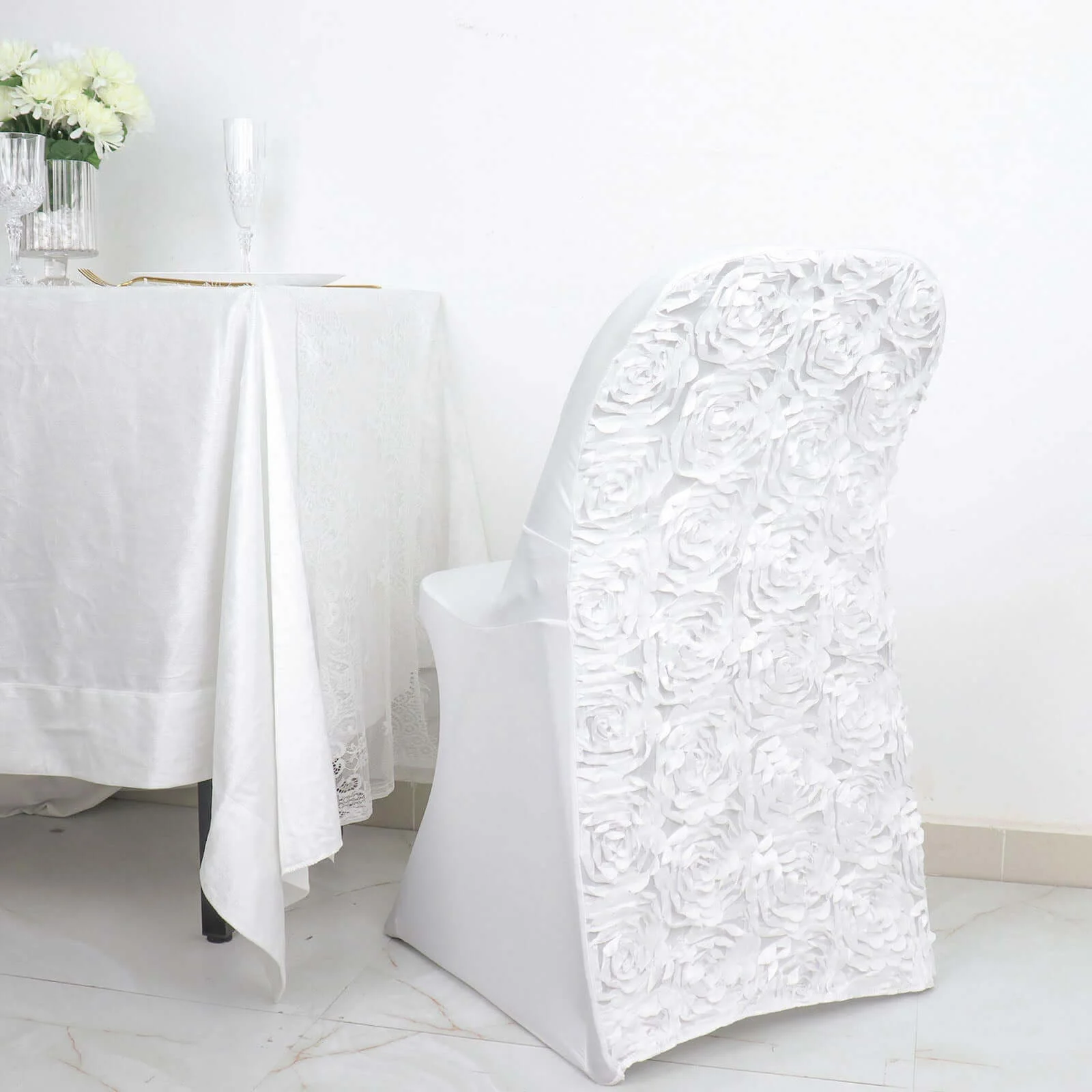 Satin Spandex Folding Chair Cover White Rosette Design - Stylish Wrinkle Resistant Stretch Fitted Slipcover for Weddings & Parties