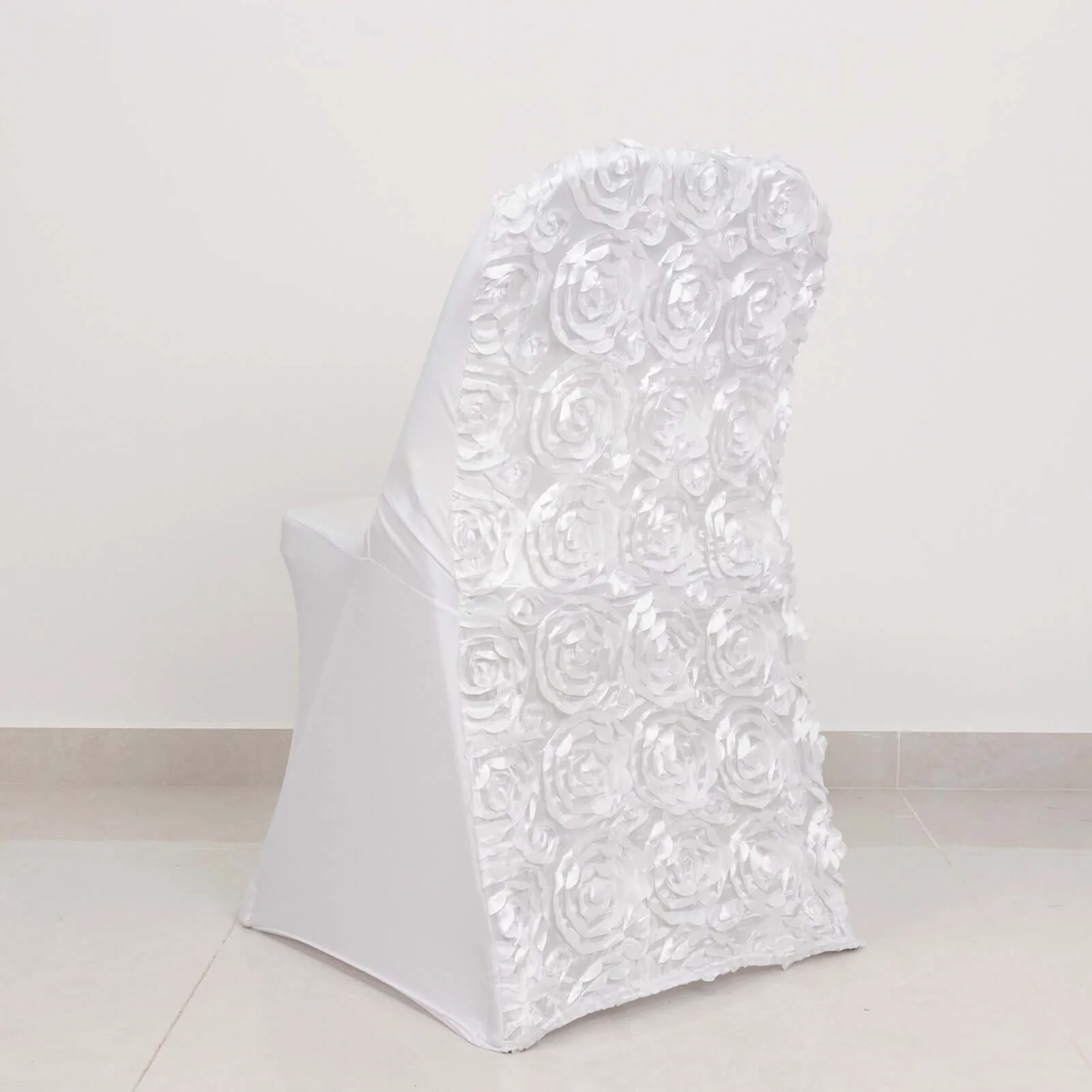 Satin Spandex Folding Chair Cover White Rosette Design - Stylish Wrinkle Resistant Stretch Fitted Slipcover for Weddings & Parties - Image 2
