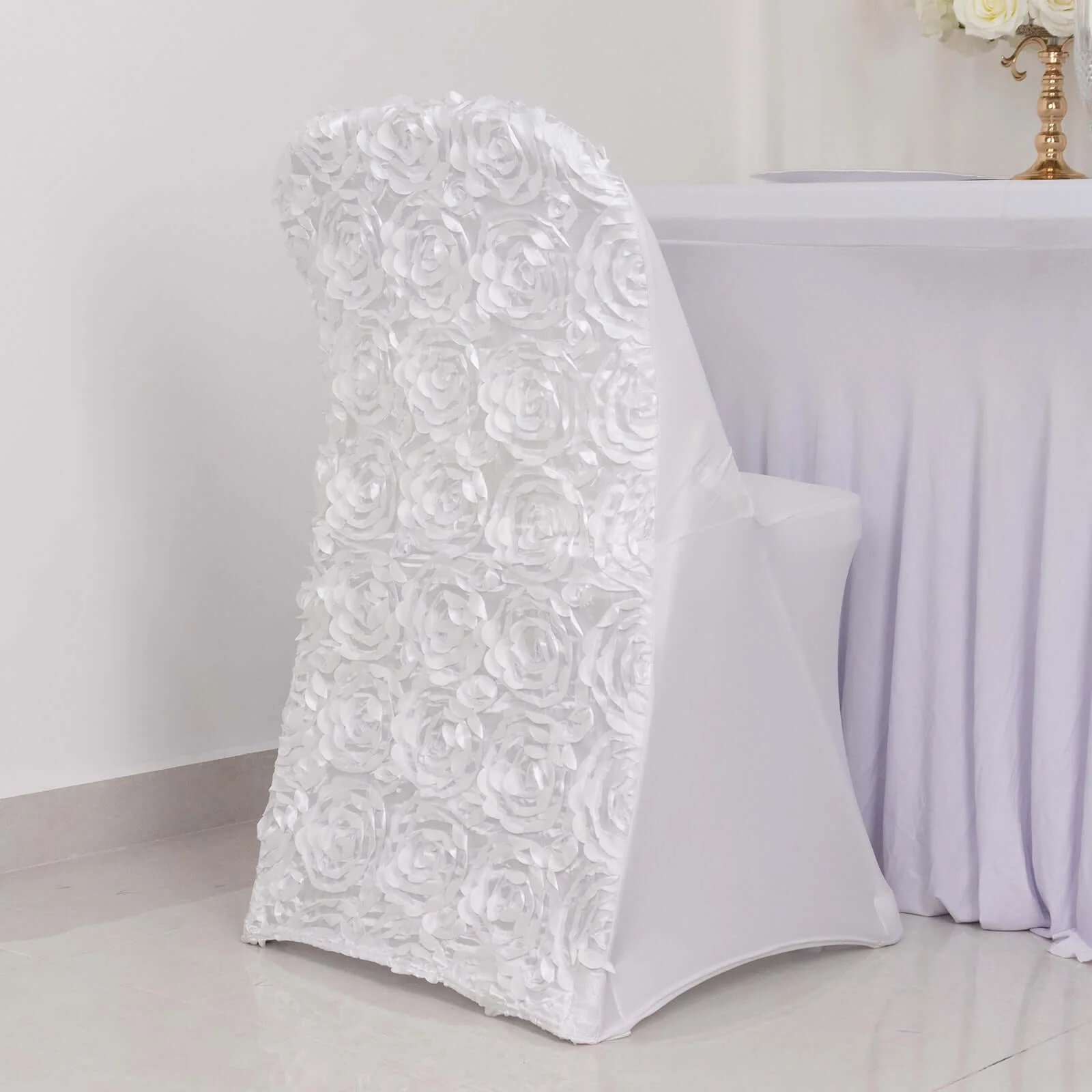 Satin Spandex Folding Chair Cover White Rosette Design - Stylish Wrinkle Resistant Stretch Fitted Slipcover for Weddings & Parties - Image 4