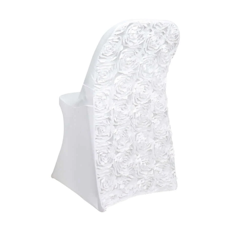 Satin Spandex Folding Chair Cover White Rosette Design - Stylish Wrinkle Resistant Stretch Fitted Slipcover for Weddings & Parties - Image 7