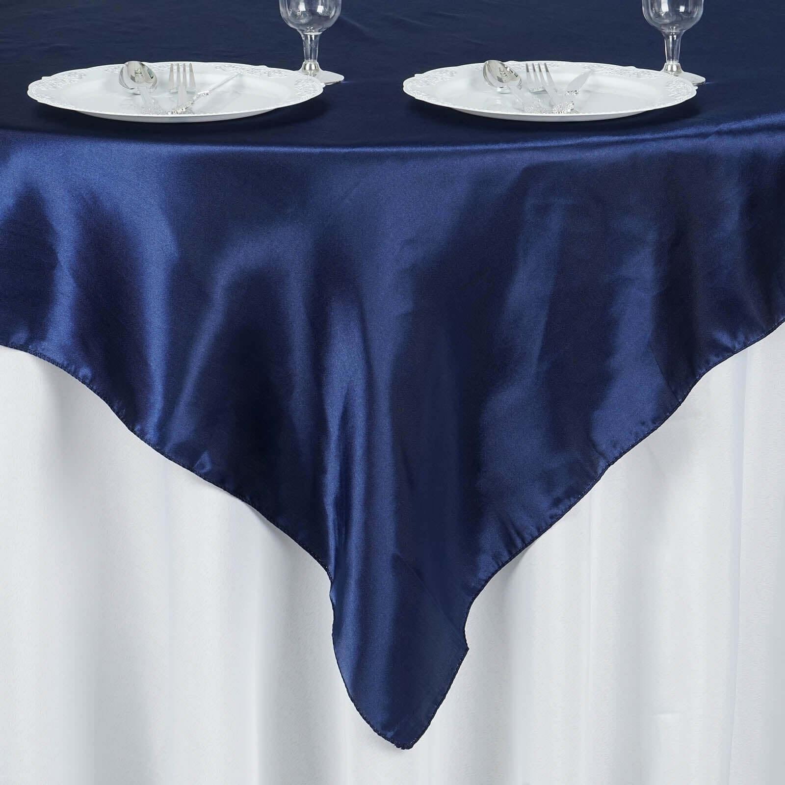 Satin Square Table Overlay 60"x60" Navy Blue - Luxurious Wedding Table Topper - Image 3