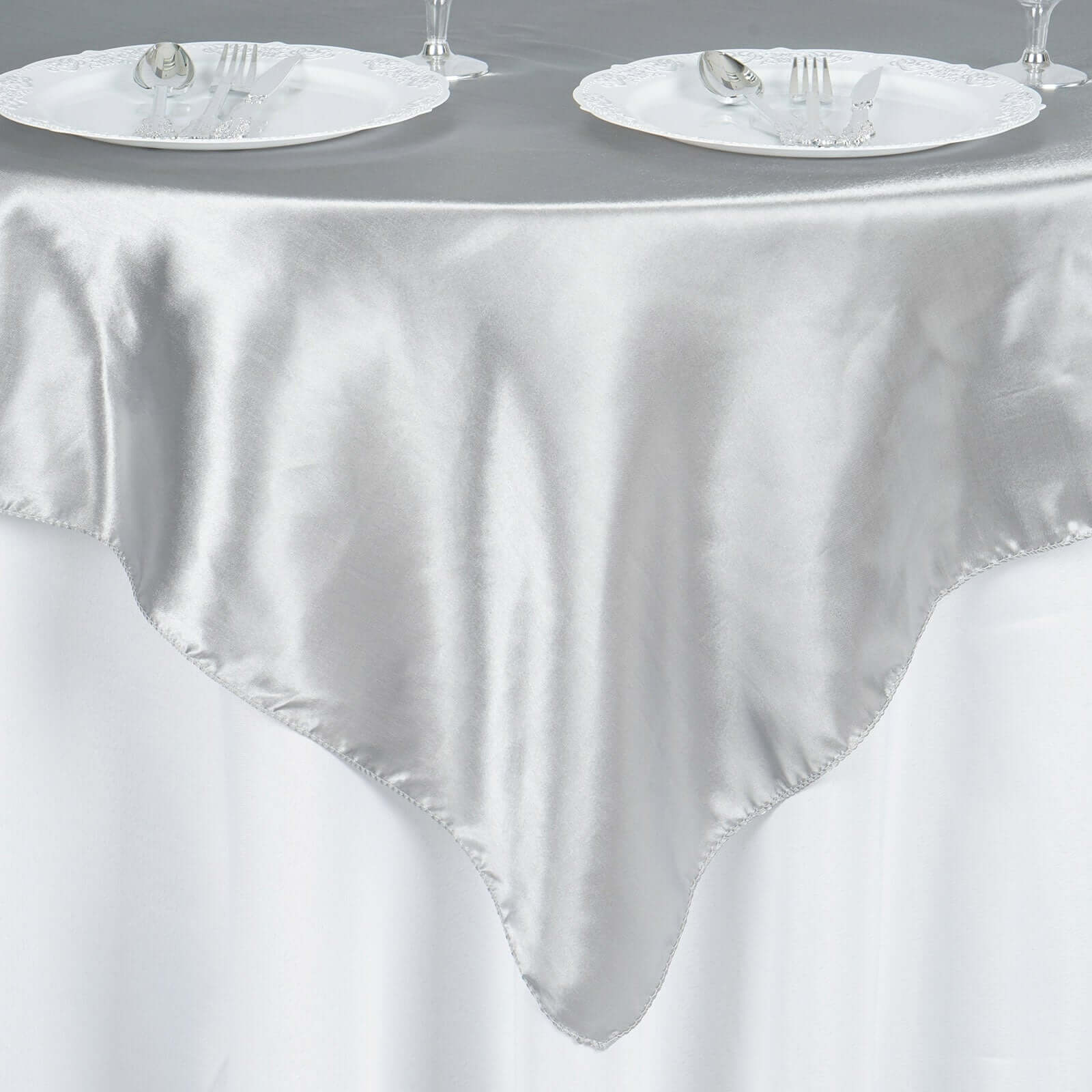Satin Square Table Overlay 60"x60" Silver - Luxurious Wedding Table Topper - Image 3
