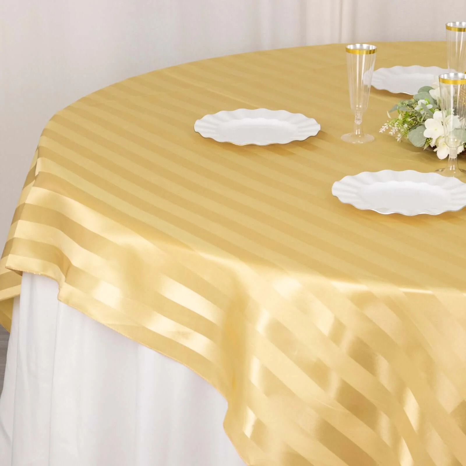 Satin Table Overlay 72"x72" Champagne - Smooth Finish Stripe Table Topper - Image 2