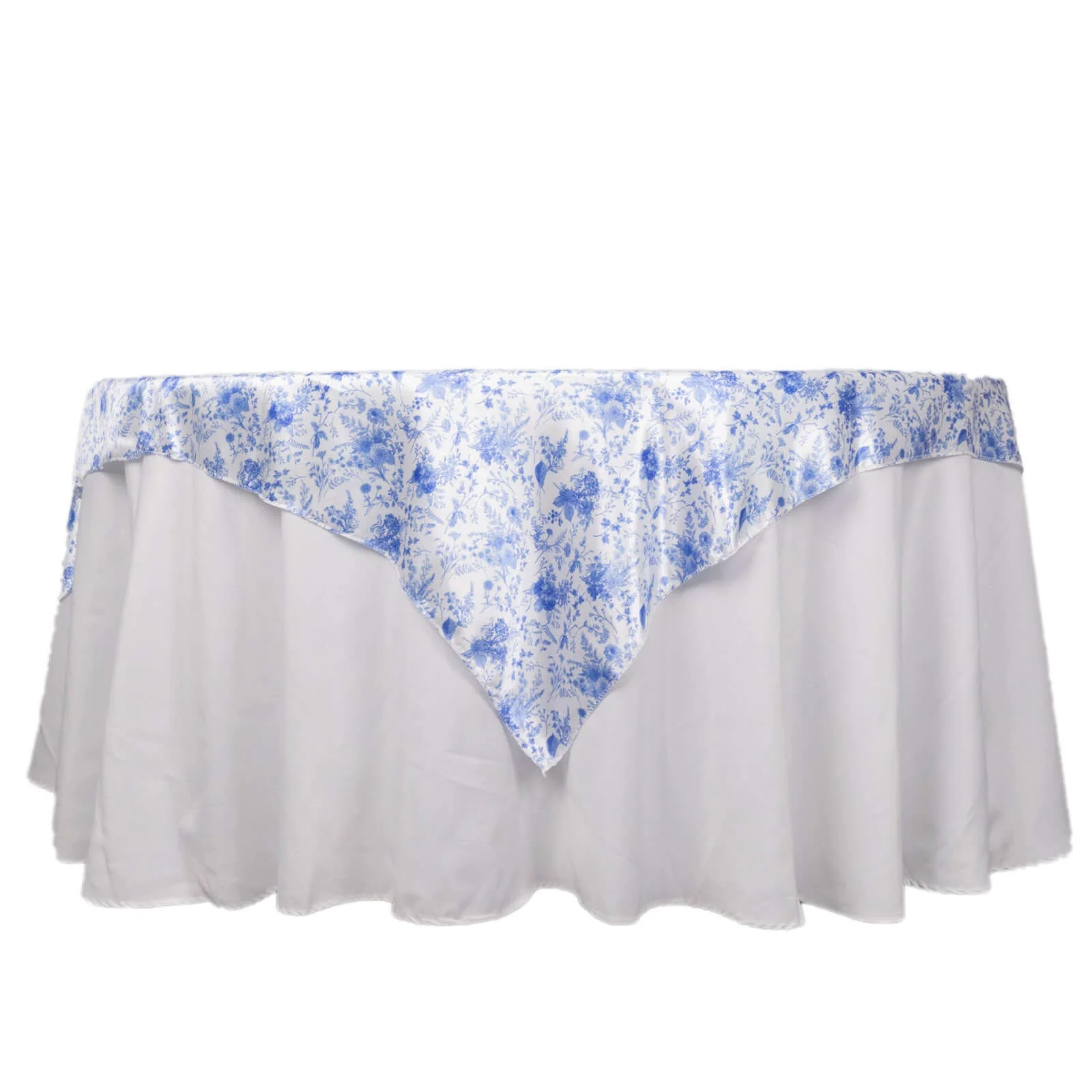 Satin Table Overlay 72"x72" White Blue with French Toile Floral Design - Classic Style for Refined Occasions - Image 6
