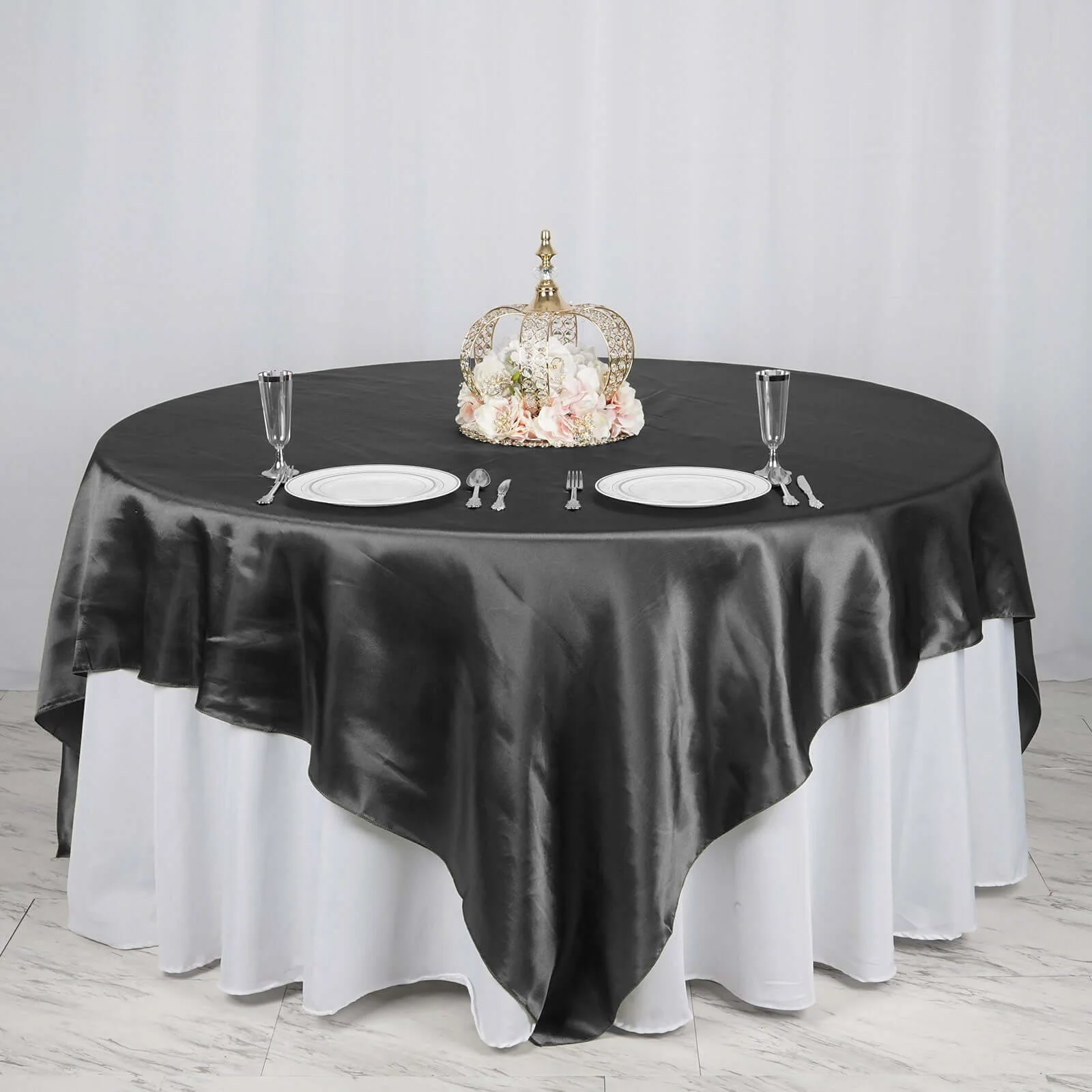 Satin Table Overlay 90"x90" Black with Smooth Finish - Perfect for Wedding Receptions