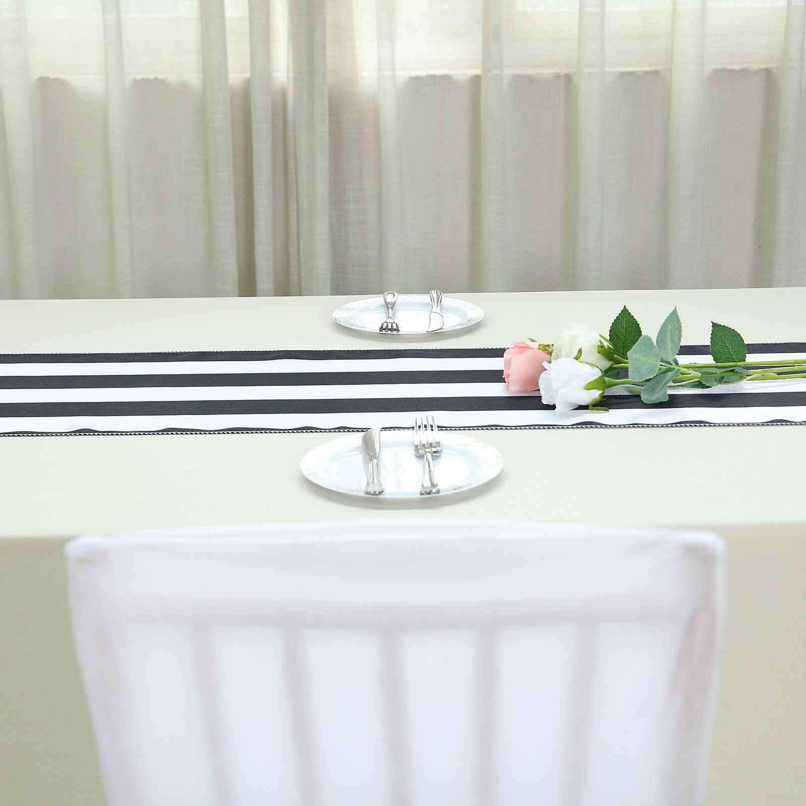 Satin Table Runner 12"x108" Black/White - Stripe Classic & Upscale Table Decor - Image 2