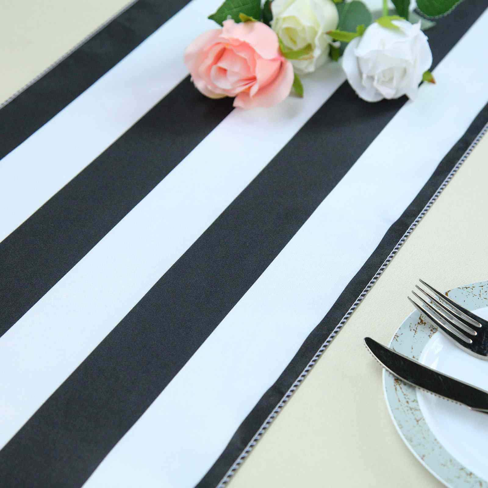 Satin Table Runner 12"x108" Black/White - Stripe Classic & Upscale Table Decor - Image 3