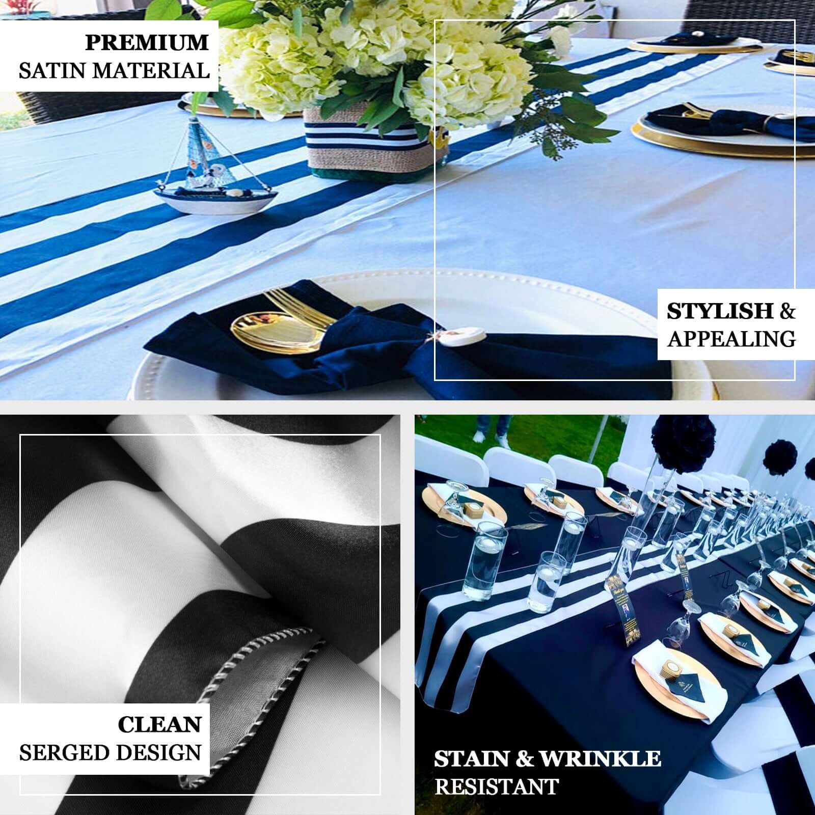 Satin Table Runner 12"x108" Navy Blue/White - Stripe Table Linen - Image 4