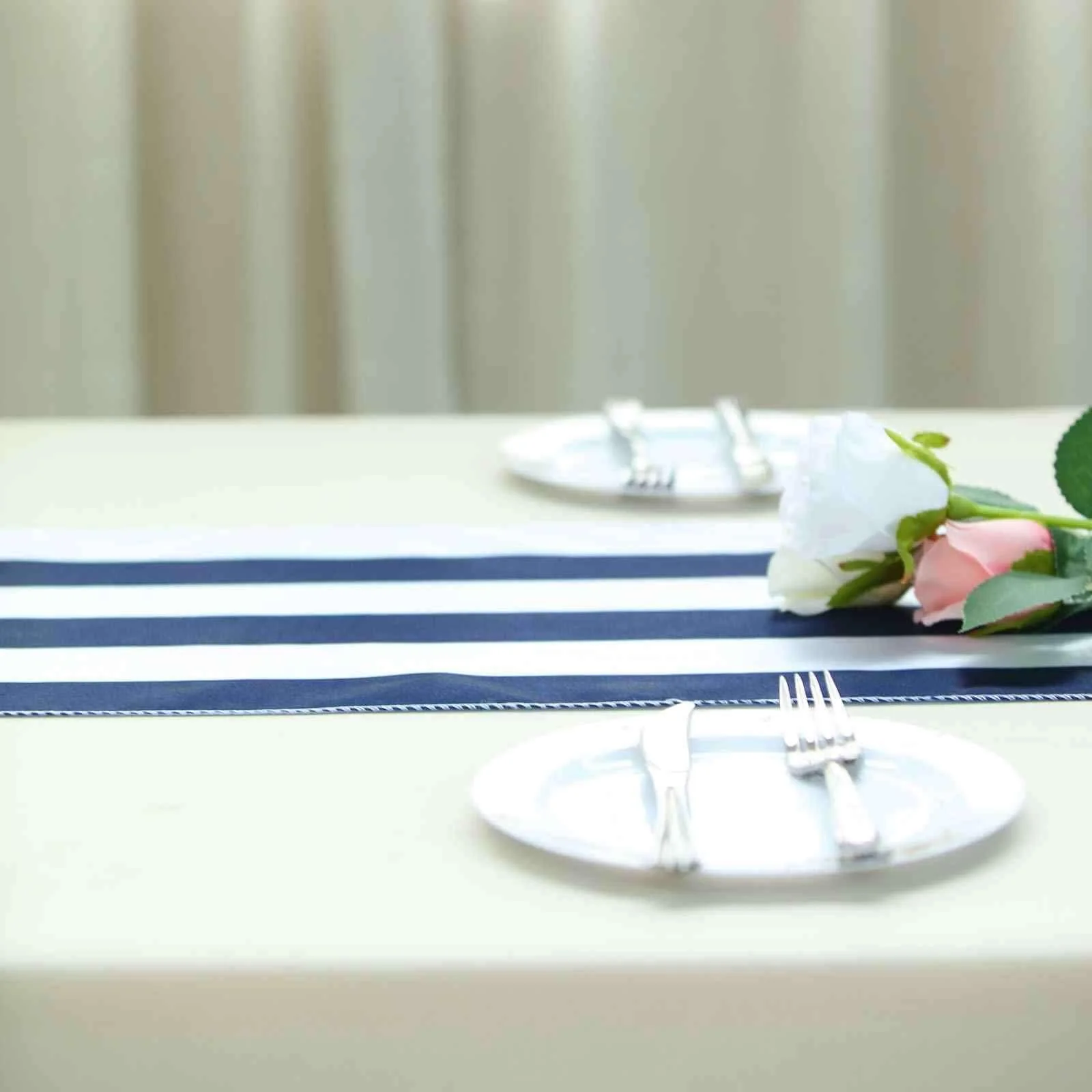 Satin Table Runner 12"x108" Navy Blue/White - Stripe Table Linen - Image 6