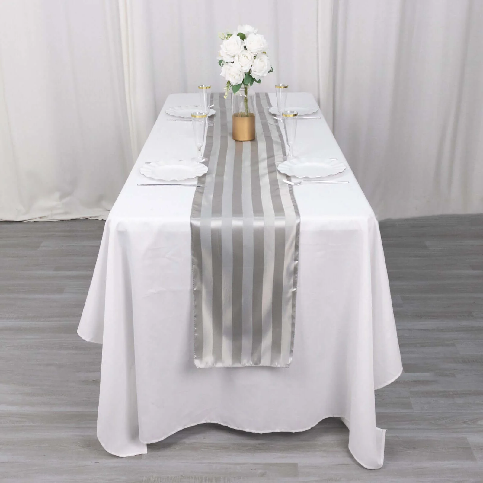 Satin Table Runner 12"x108" Silver - Stripe Wrinkle Resistant Linen - Image 6