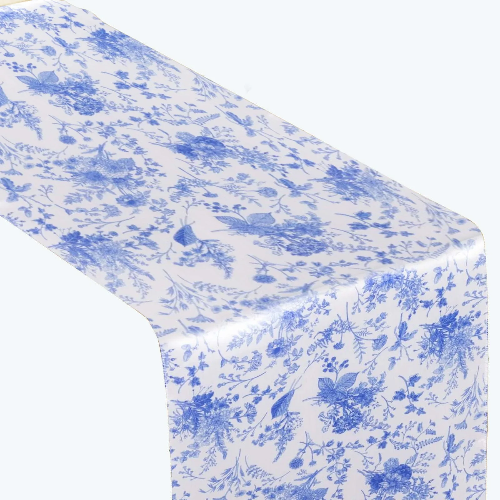 Satin Table Runner 12"x108" White with Blue French Toile Floral Pattern - Classic Accent for Formal Gatherings - Image 6