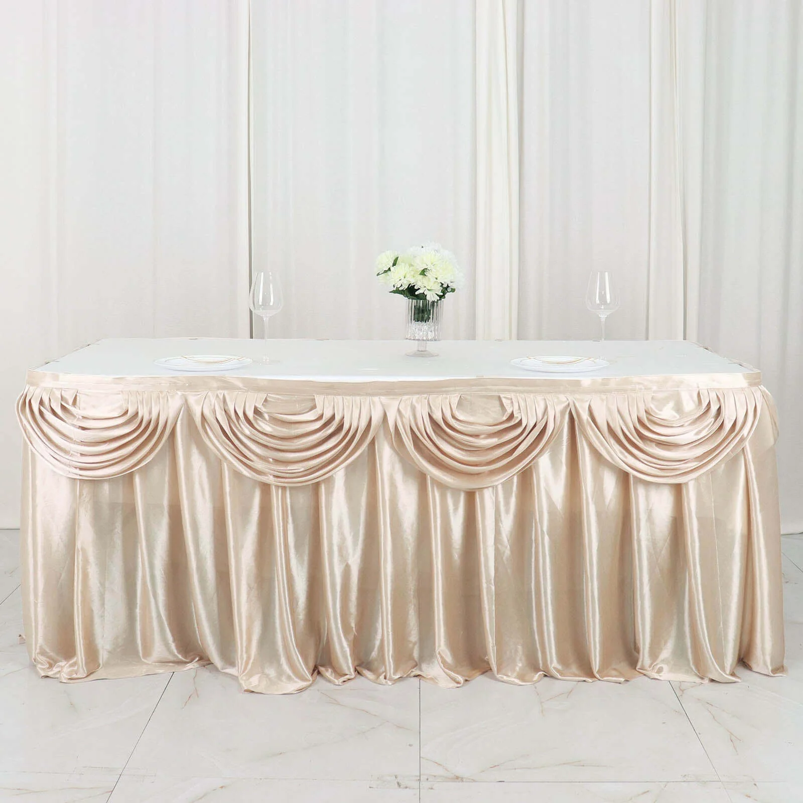 Satin Table Skirt 14ft Beige - Pleated Double Drape Table Cover