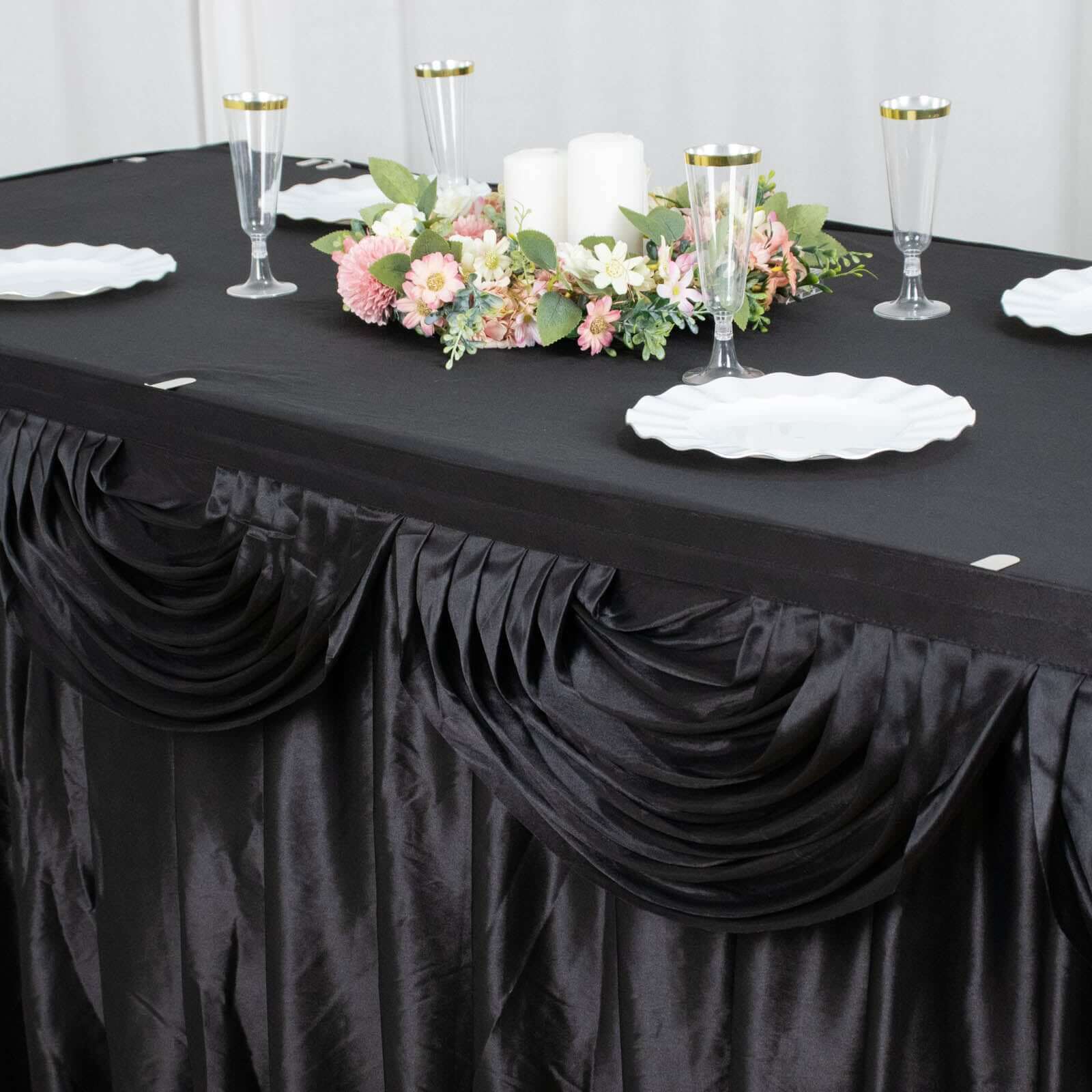 Satin Table Skirt 14ft Black - Pleated Double Drape Table Cover - Image 5