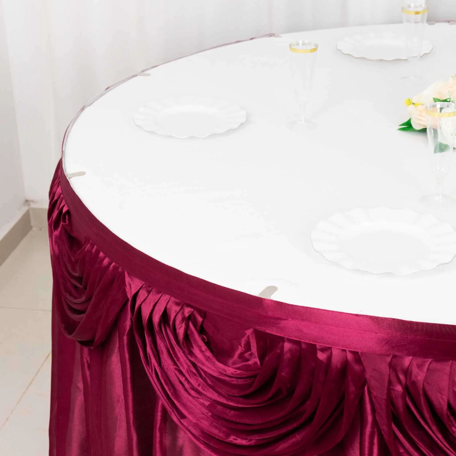 Satin Table Skirt 14ft Burgundy - Pleated Double Drape Table Cover - Image 5