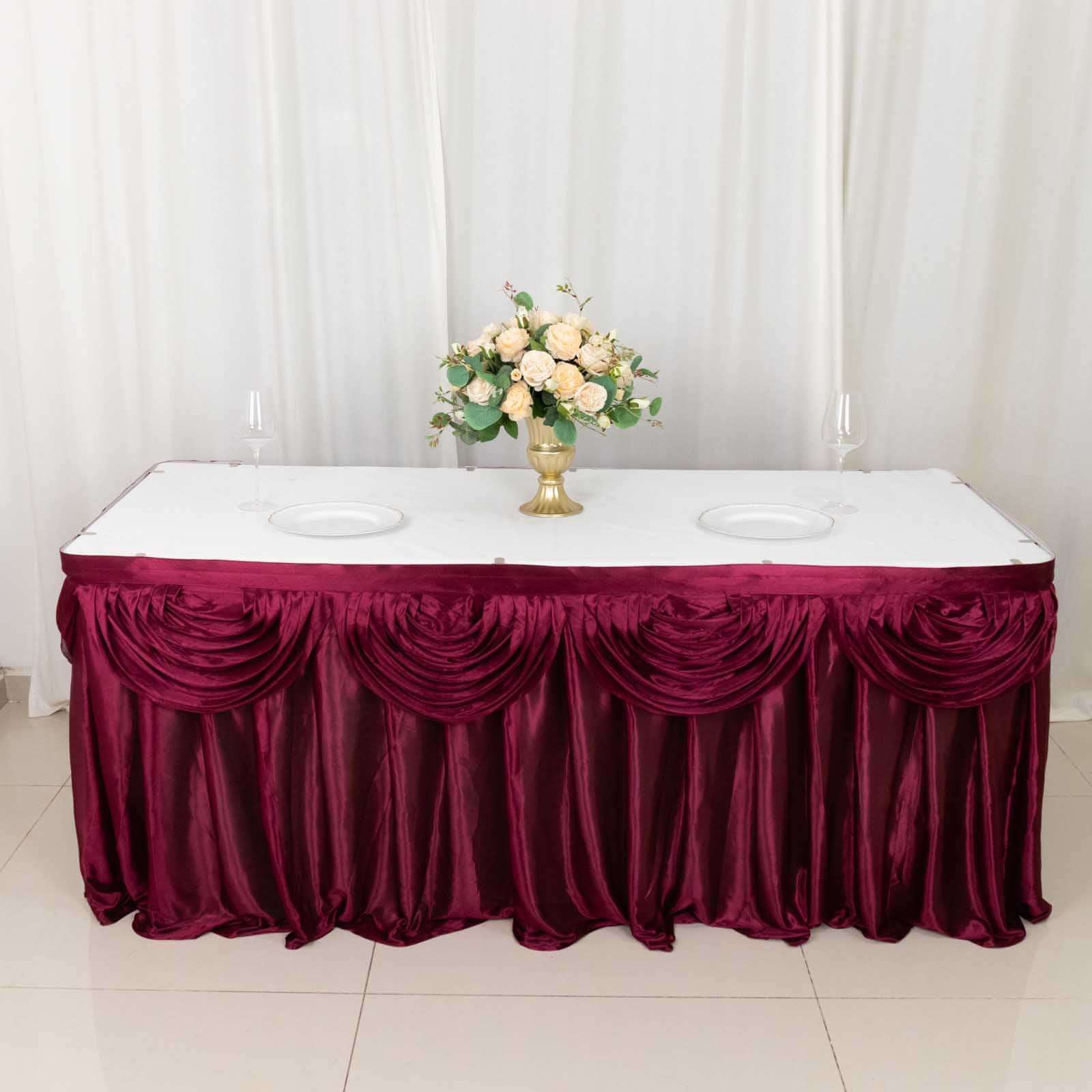 Satin Table Skirt 14ft Burgundy - Pleated Double Drape Table Cover - Image 7