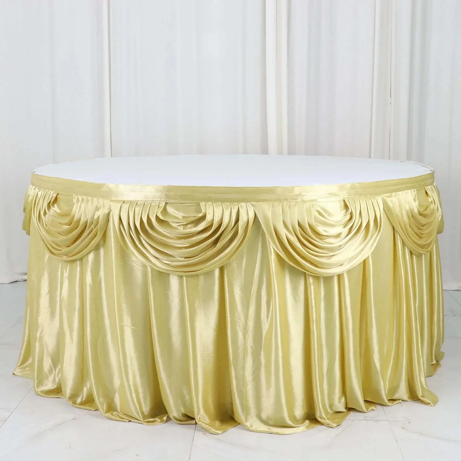 Satin Table Skirt 14ft Champagne - Pleated Double Drape Table Cover - Image 7