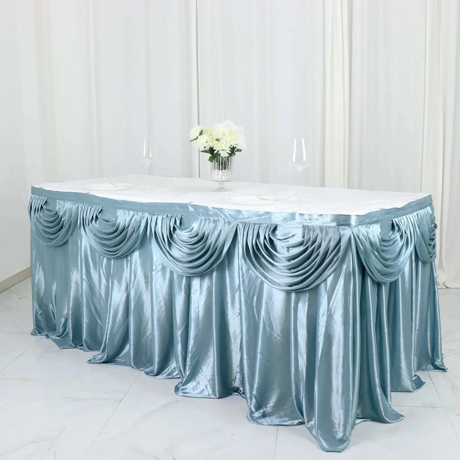 Satin Table Skirt 14ft Dusty Blue - Pleated Double Drape Table Cover - Image 5